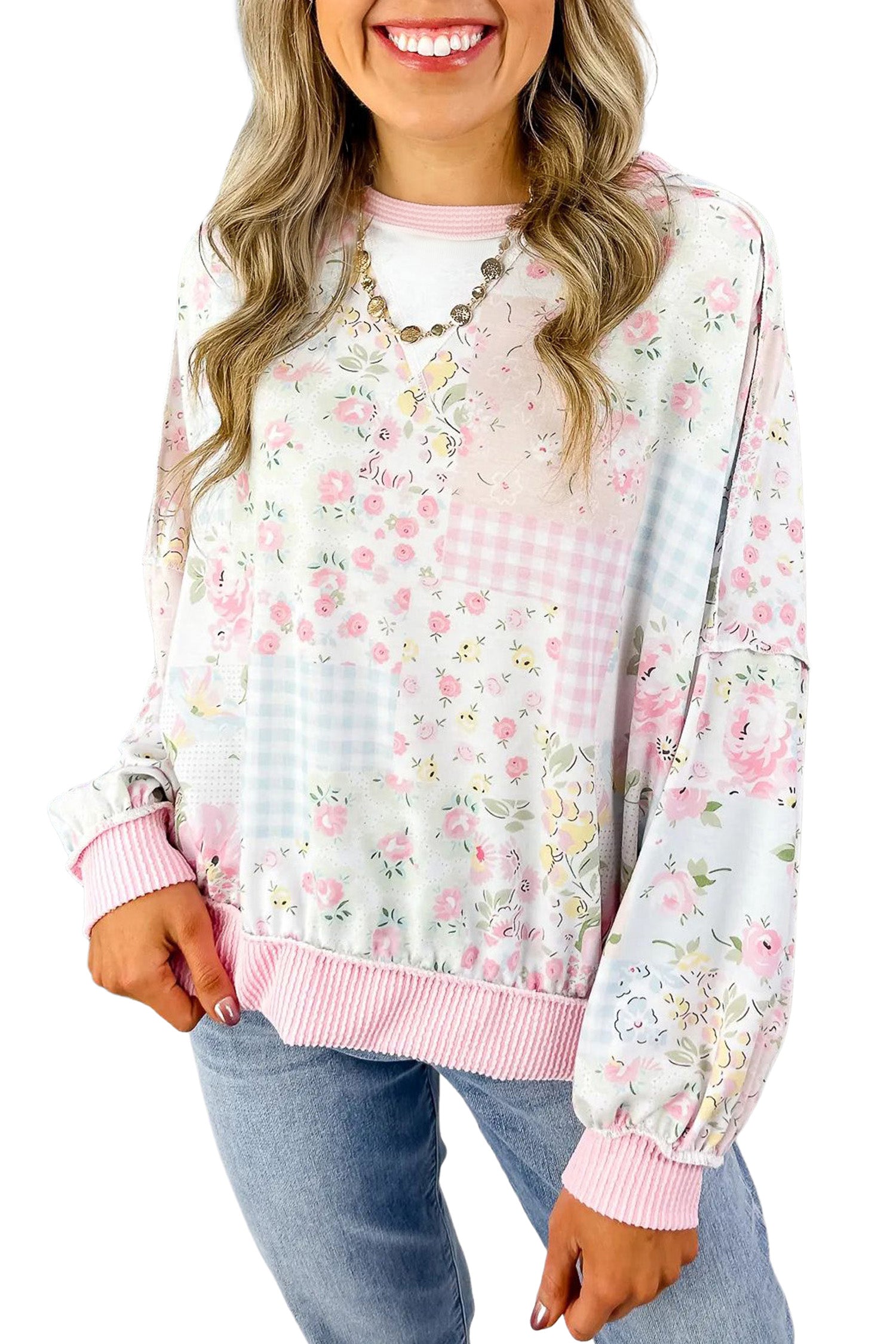 Pink Twisted Ribbed Trim Floral Print Patchwork Long Sleeve Top