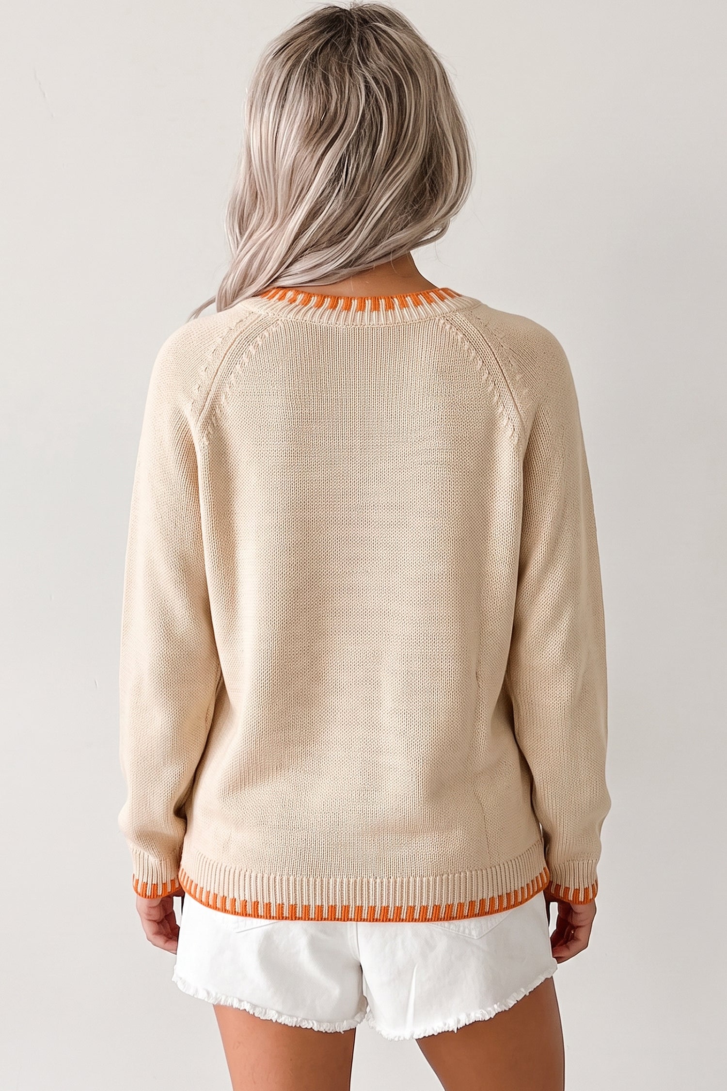 Parchment Floral Embroidery Pumpkin Long Sleeve Round Neck Sweater