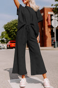Brown Textured Loose Fit T Shirt and Drawstring Pants Set