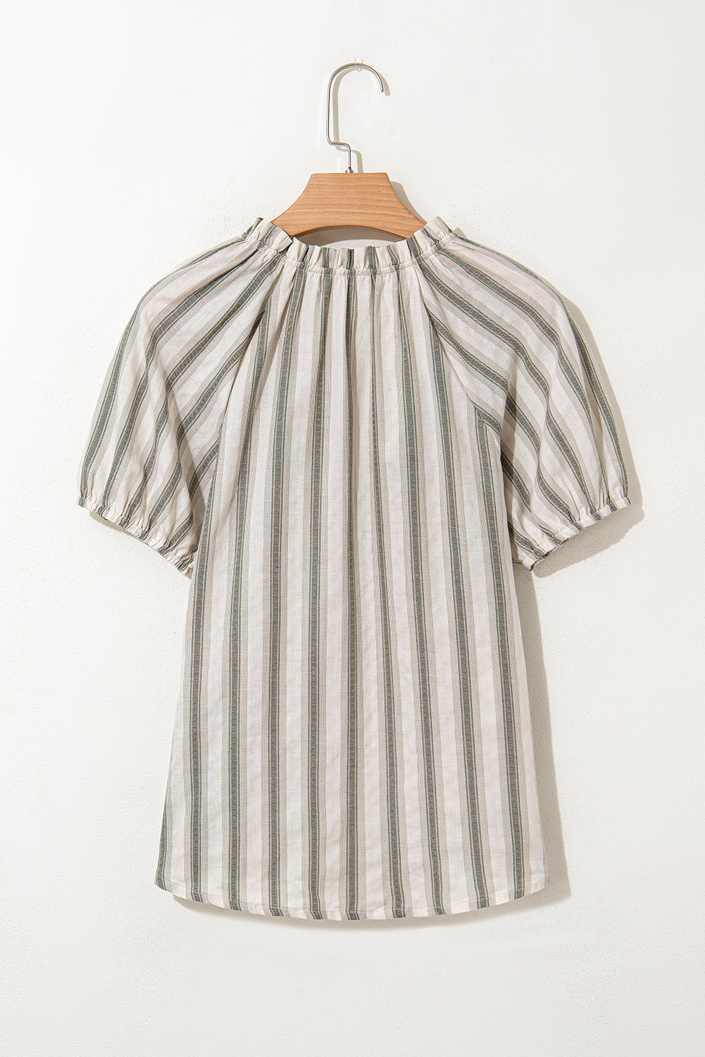 Gray Stripe 100% Cotton Frilled Tie Neck Short Sleeve Blouse