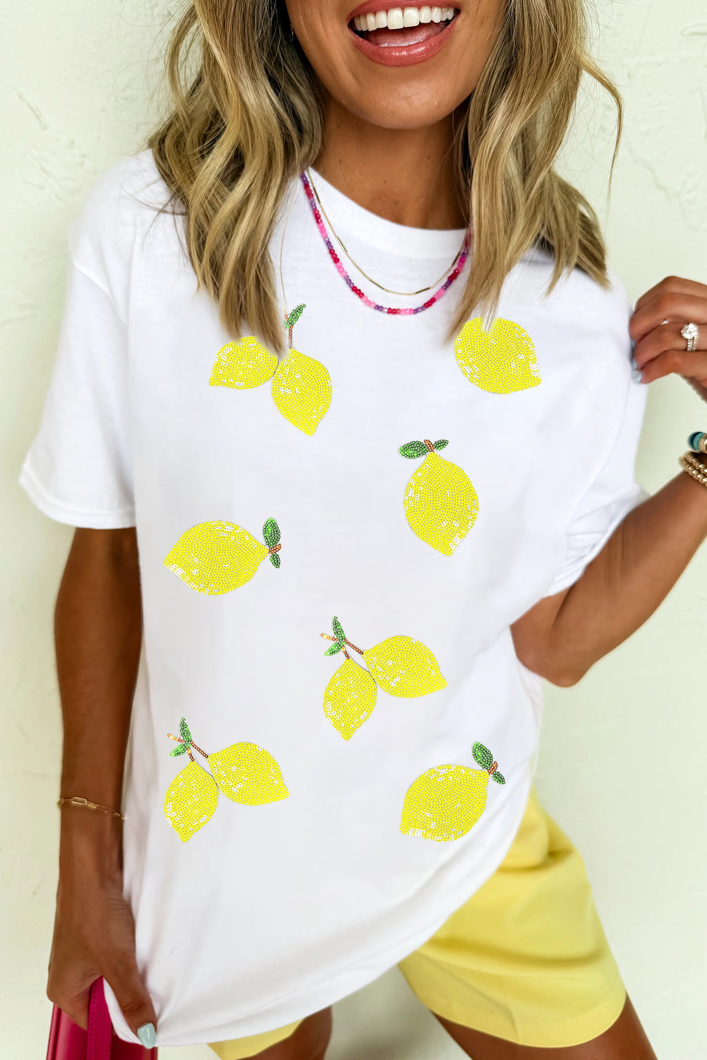 White Sequin Lemon Graphic Casual Summer Tee