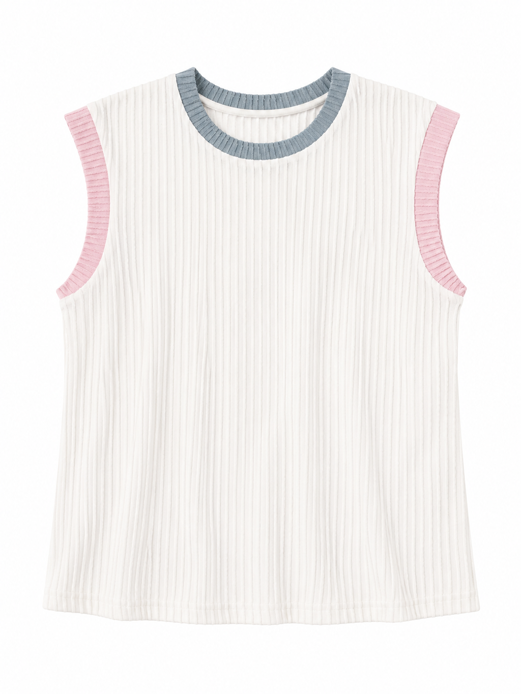 White Color Block Corded Knit Crew Neck Tee