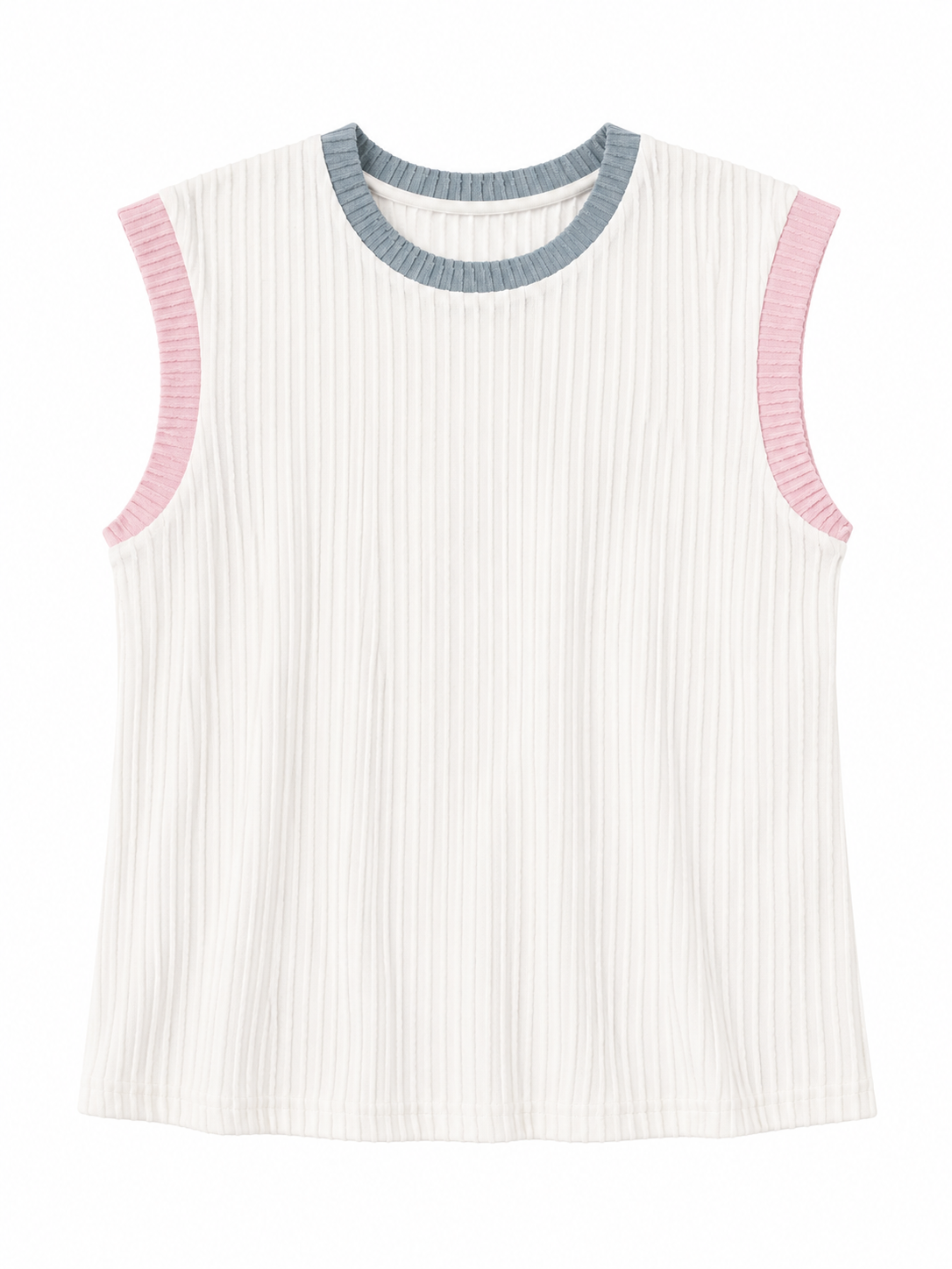White Color Block Corded Knit Crew Neck Tee