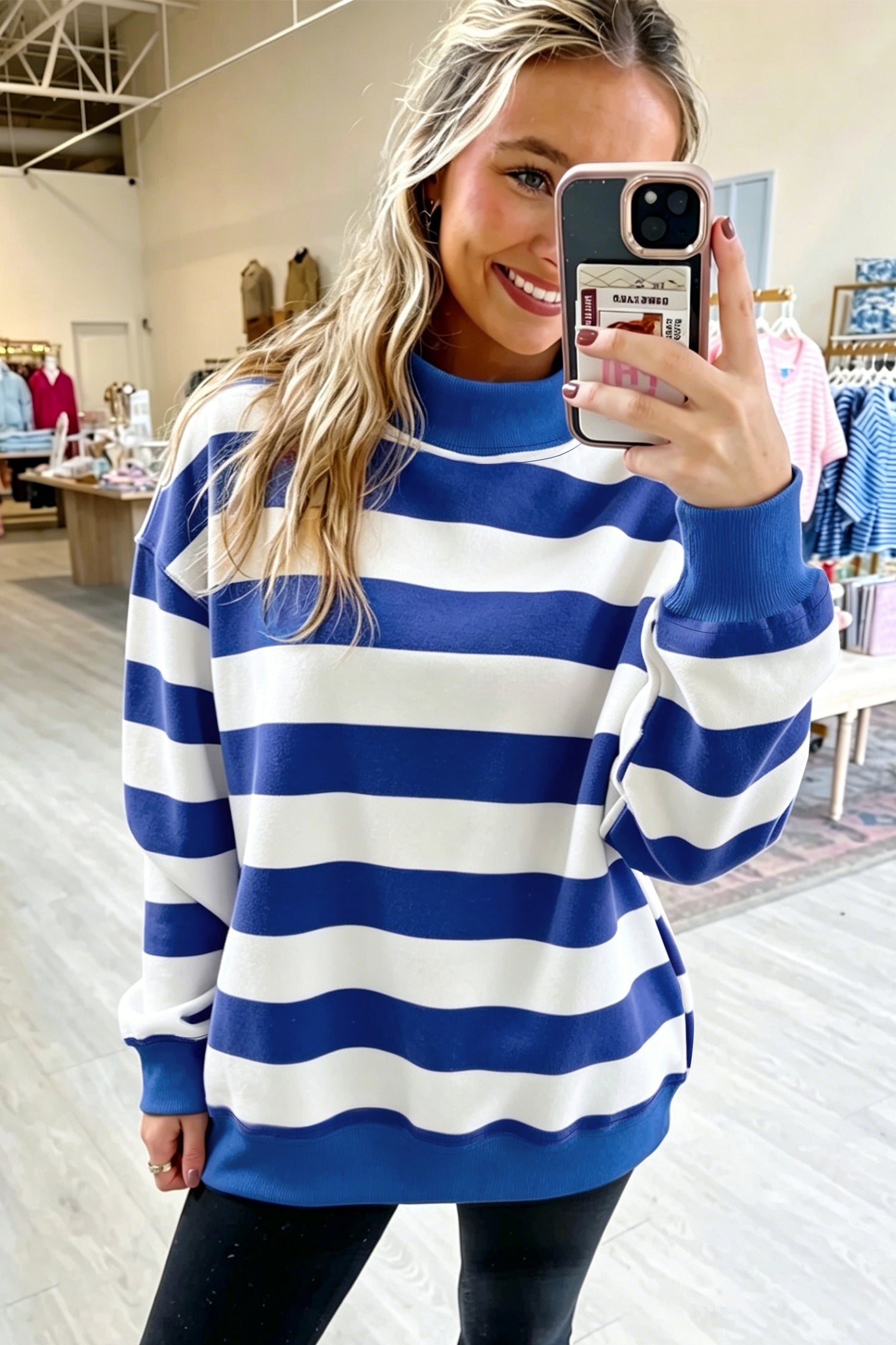 Blue Stripe Colorblock Mock Neck Relaxed Sweatshirt