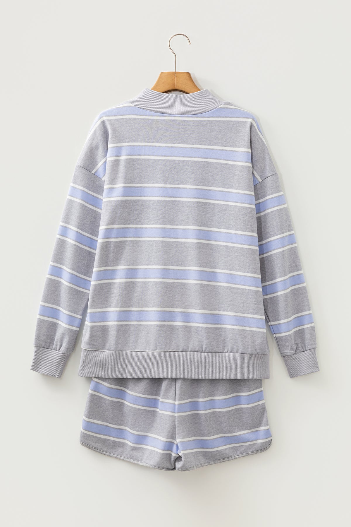 Sky Blue Stripe Exposed Seam Patchwork High Neck Long Sleeve Top and Shorts Set