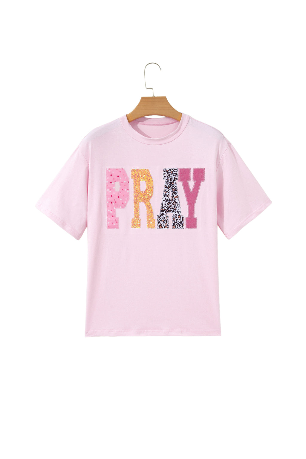 Pink PRAY Sequin Leopard Multiple Patched Graphic Tee