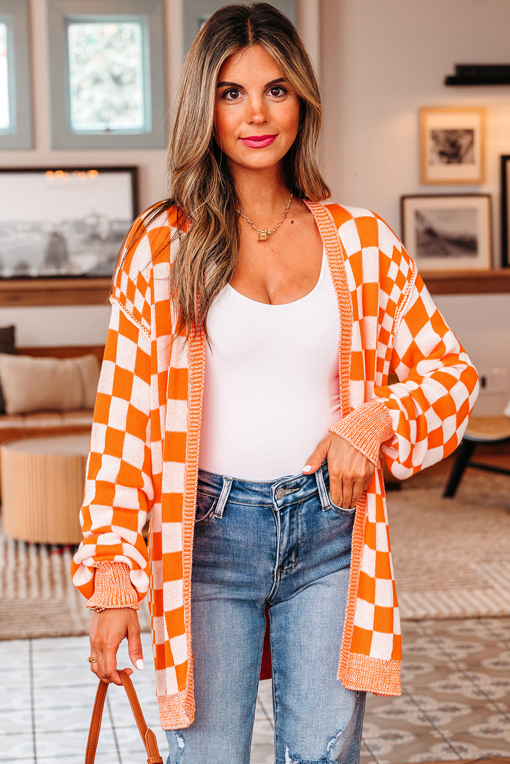 Purple Checkered Open Front Drop Shoulder Cardigan