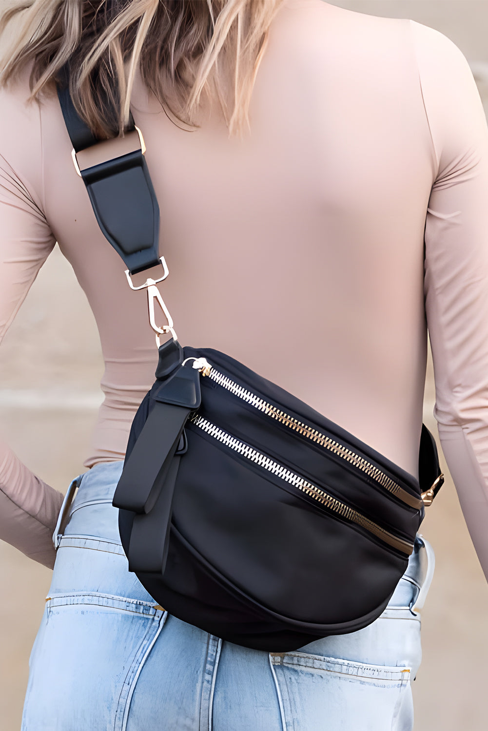 Dark Grey Double Zip Crescent Shape Adjustable Sling Bag