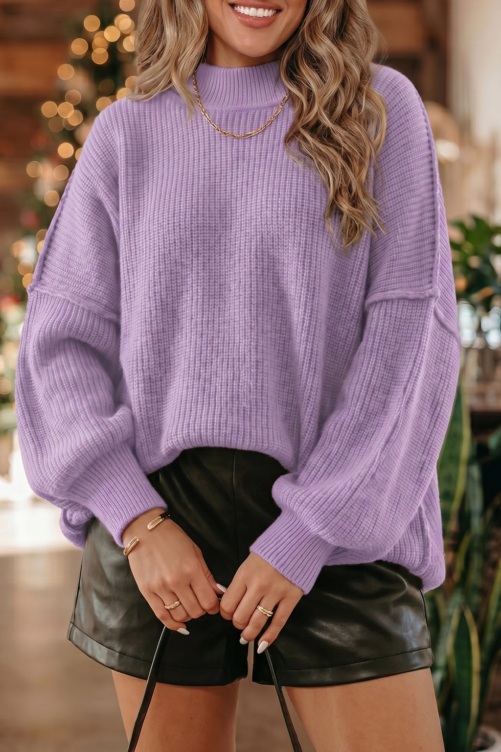Chestnut Solid Color Mock Neck Oversized Tunic Sweater