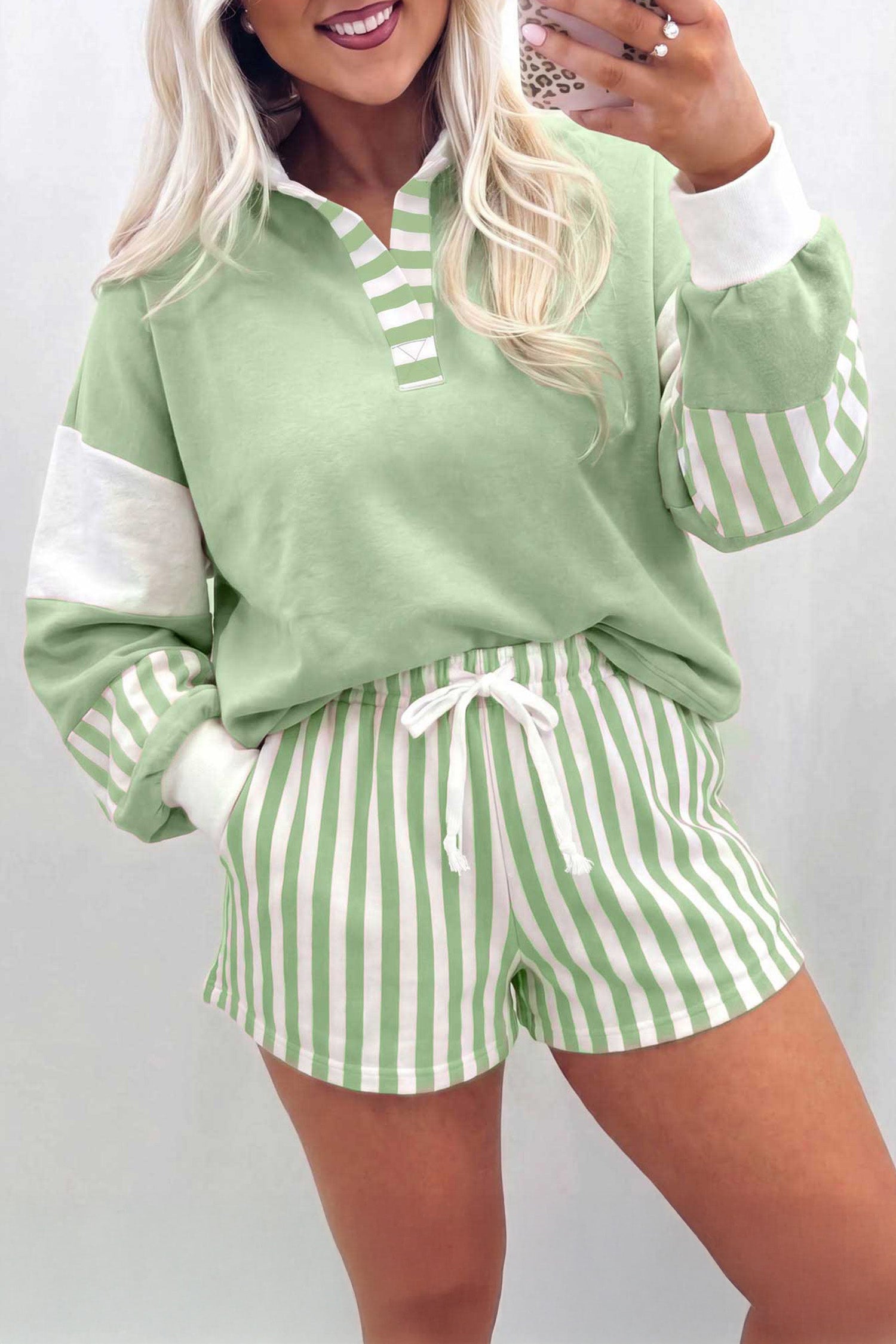 Smoke Green Striped Color Block Pullover Top Drawstring Shorts Set