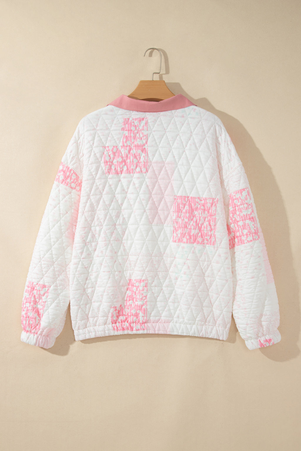 Pink Floral Quilted Half Button Pocketed Pullover Sweatshirt