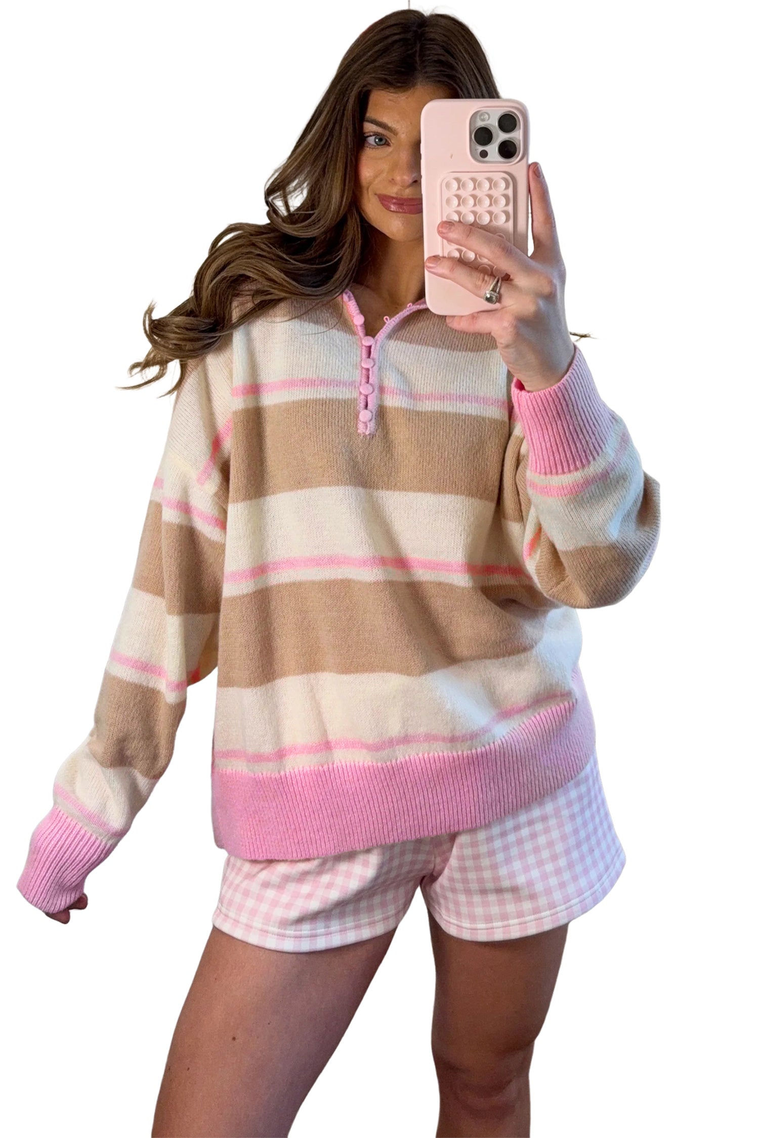 Khaki Stripe Striped Drop Shoulder Button Placket Long Sleeve Sweater