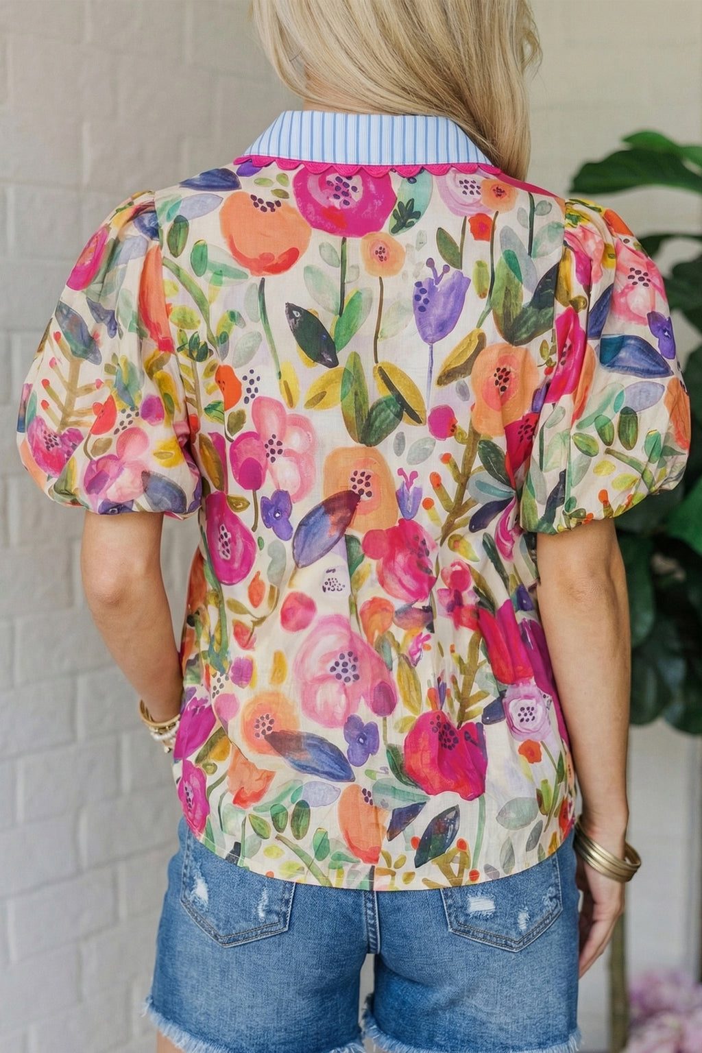 Rose Floral Print V Neck Short Puff Sleeve Cotton Blouse