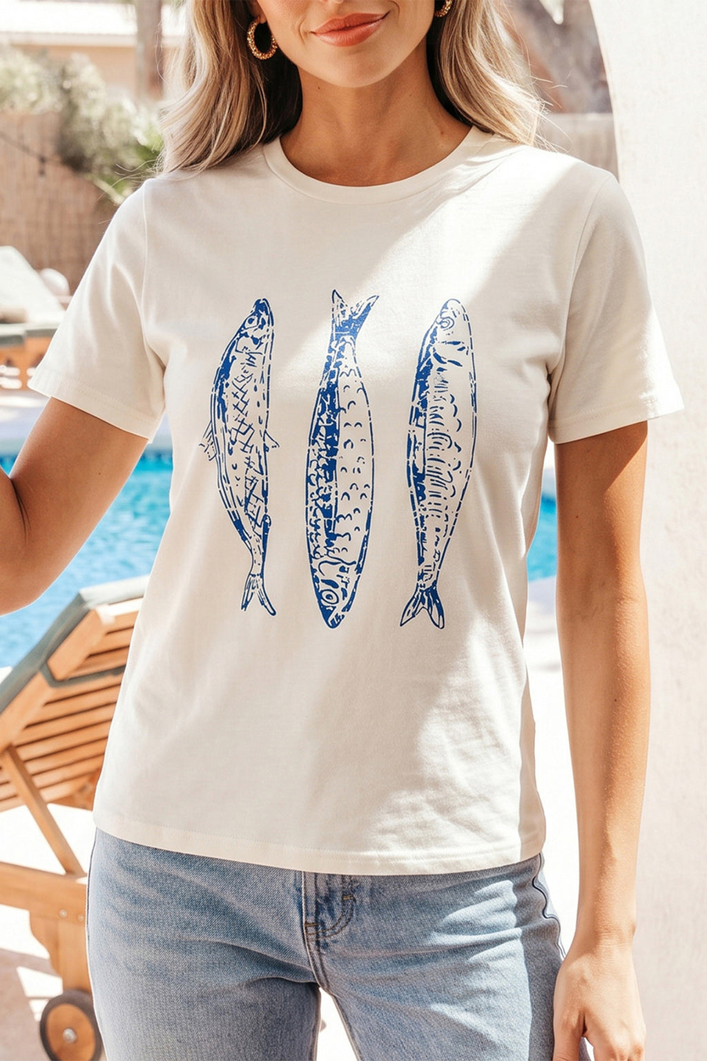 White Fish Print Short Sleeve Round Neck T Shirt