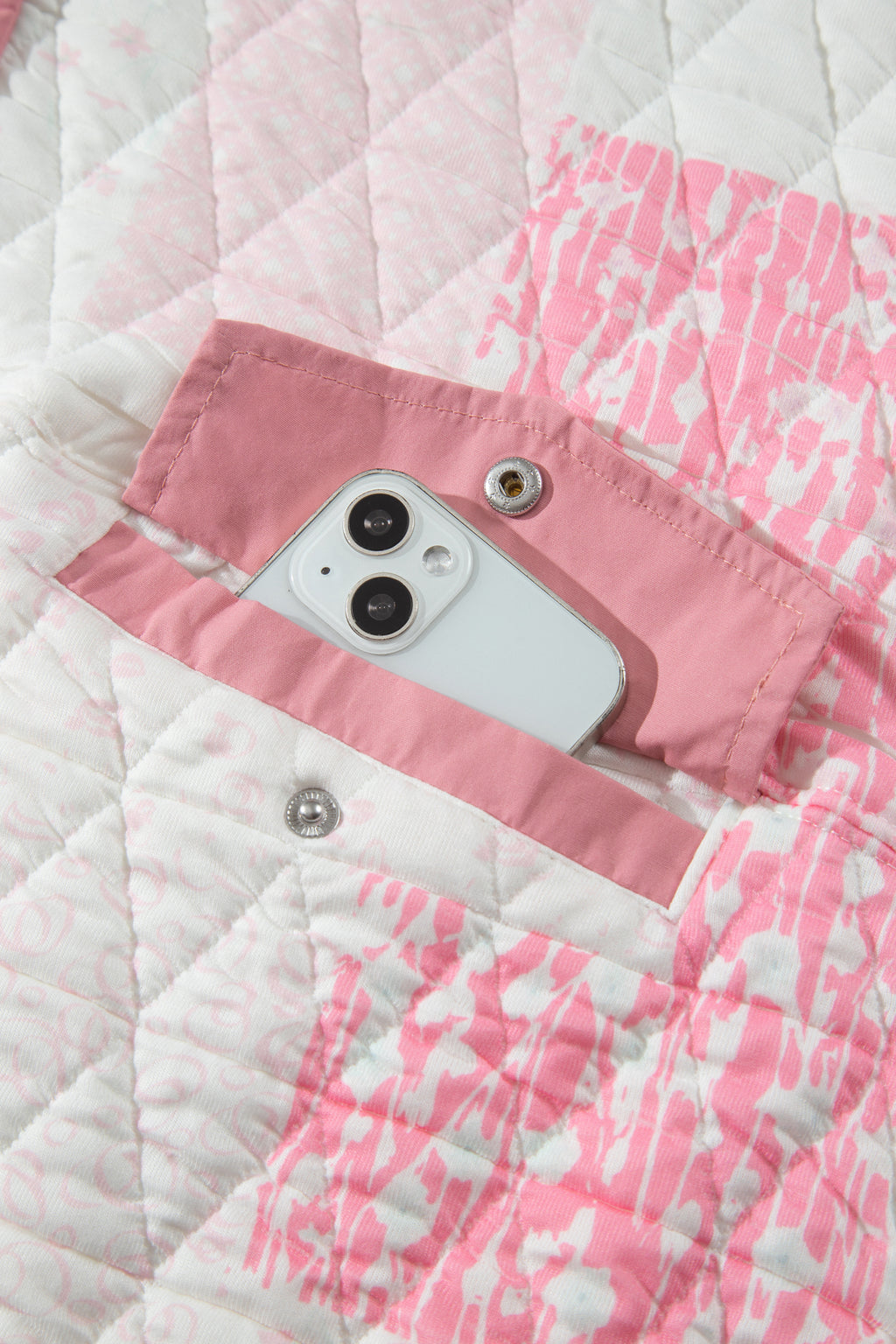 Pink Floral Quilted Half Button Pocketed Pullover Sweatshirt