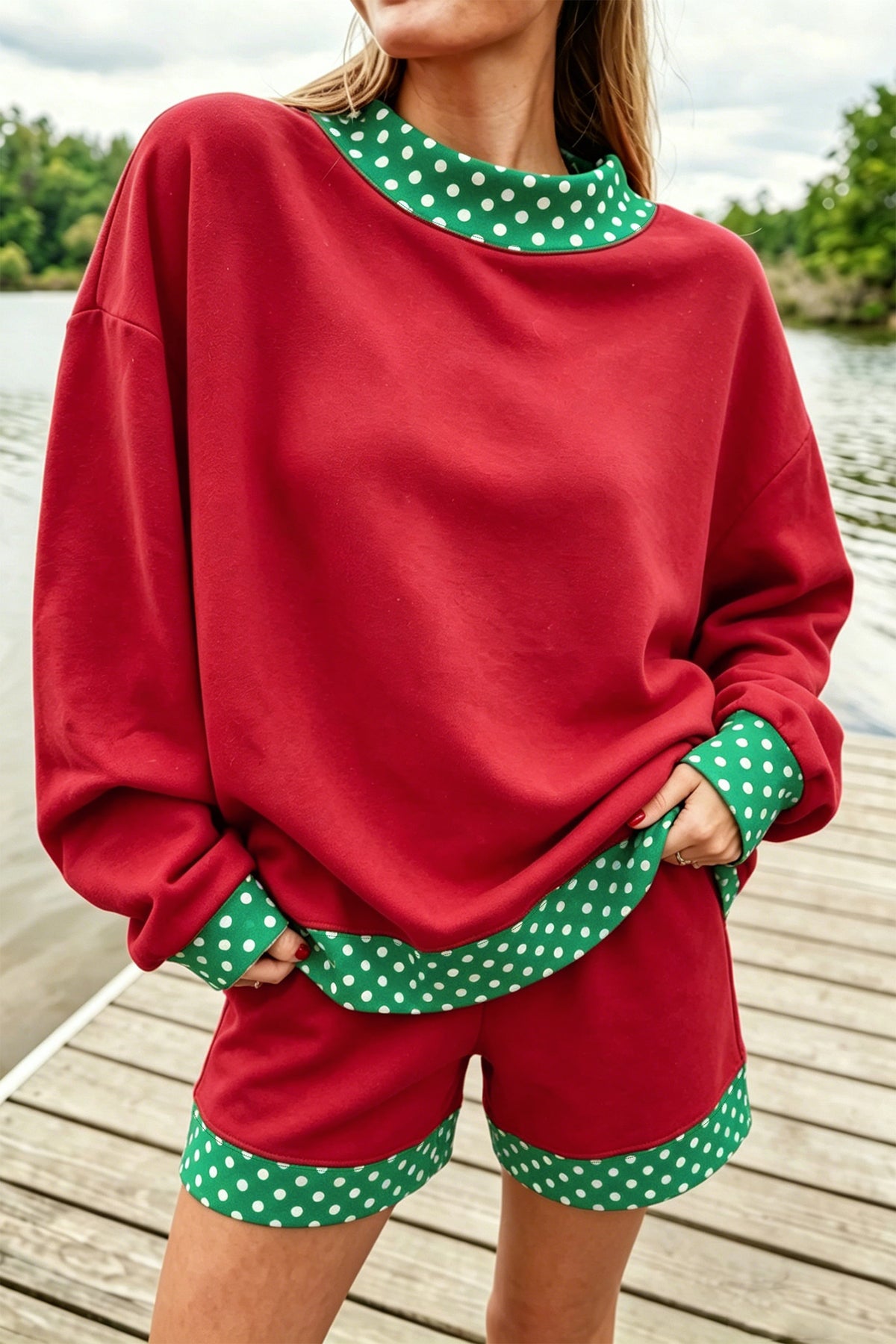 Bright Green Polka Dot Trim Baggy Pullover 2pcs Short Set