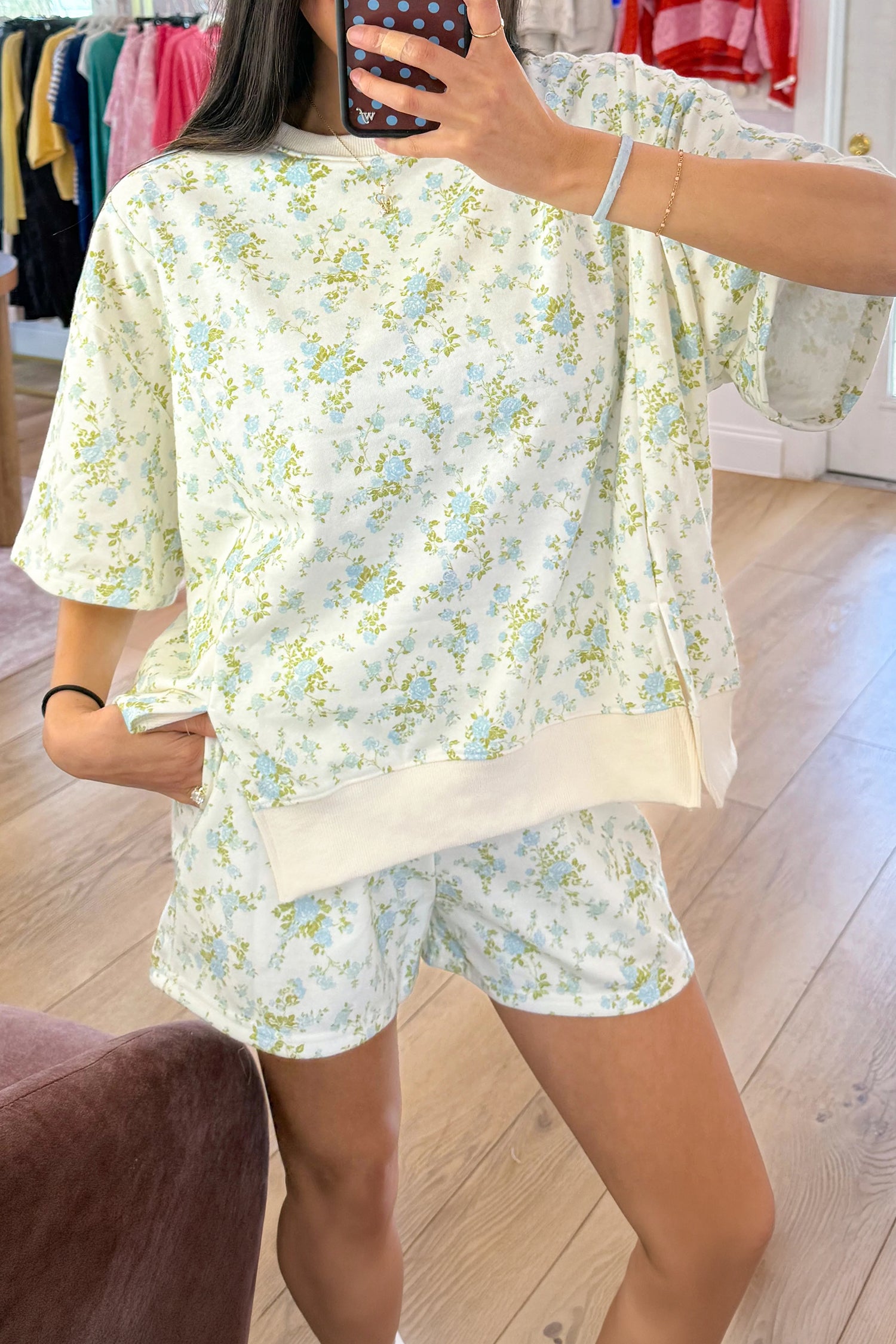 Pink Floral Print Short Sleeve Elastic Waist Pocket Casual Two Piece Short Sets
