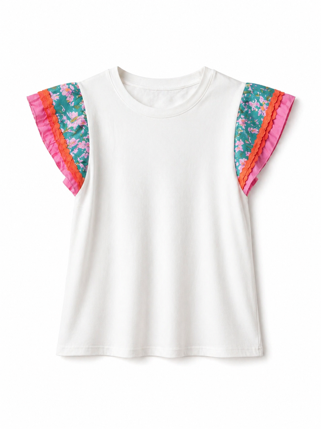 White Contrast Ricrac Floral Sleeve Top
