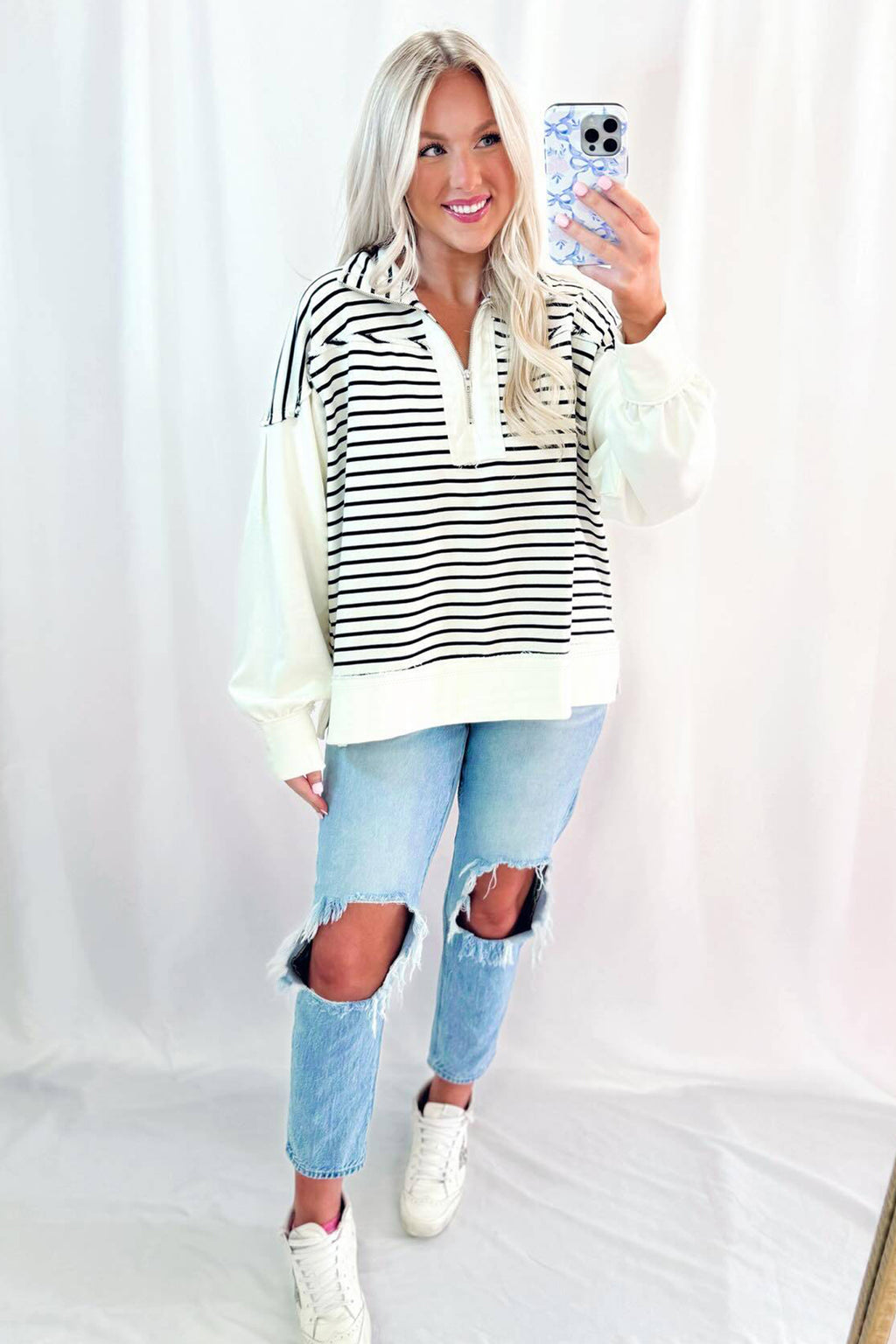 White Stripe Color Block Long Puff Sleeve Metal Zip-Up Collar Top