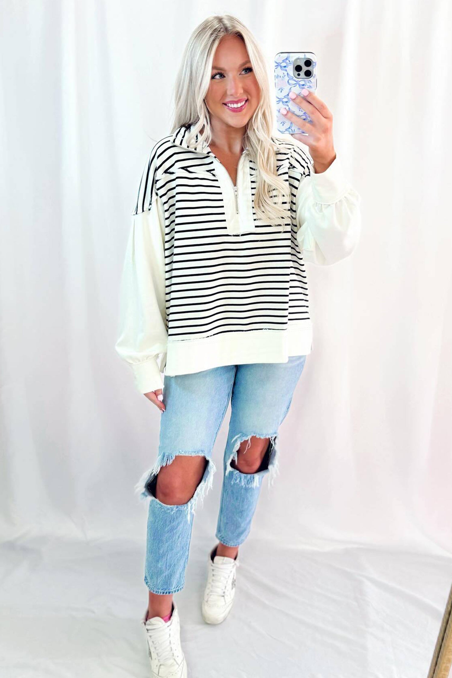 White Stripe Color Block Long Puff Sleeve Metal Zip-Up Collar Top