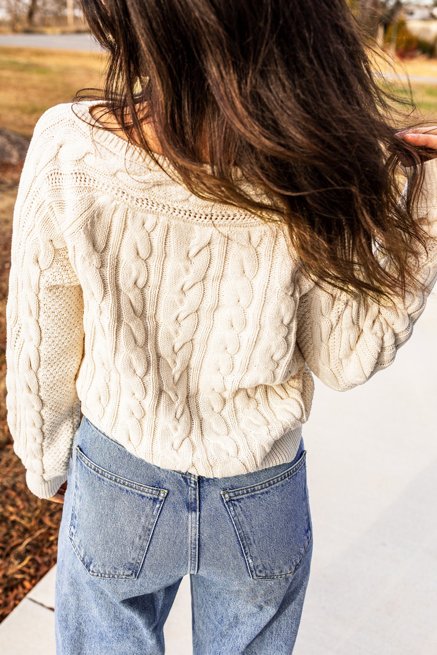 Beige Drop Shoulder Round Neck Cable Knit Sweater