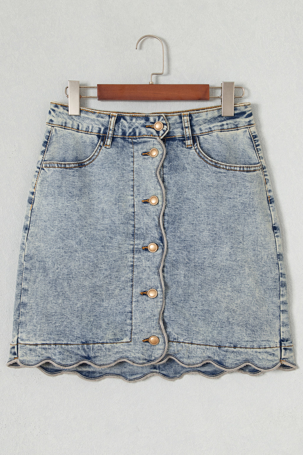Myosotis Scalloped Detail Button Front Short Denim Skirt