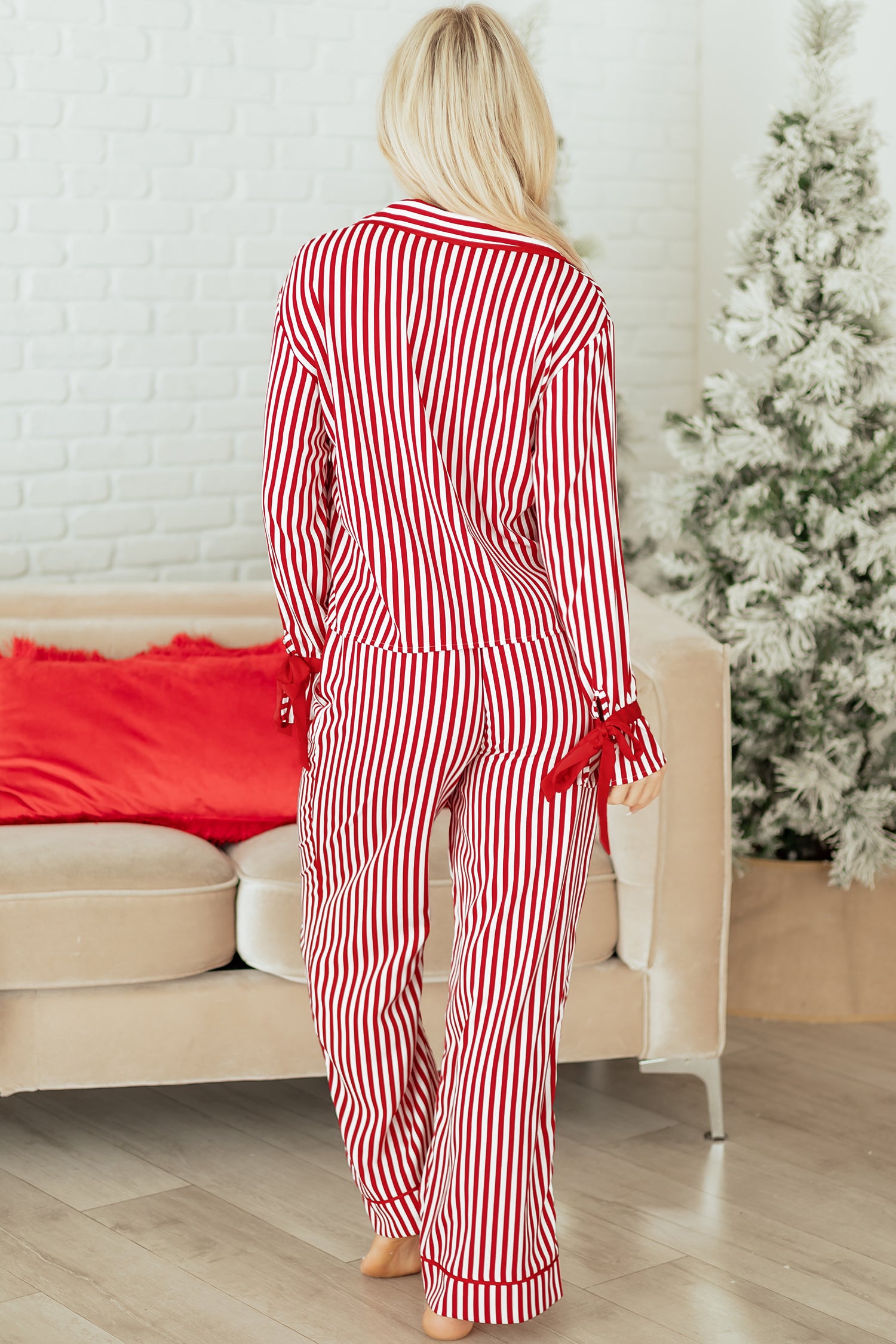 Green Stripe Contrast Velvet Trim Bow Knot Waist 2pcs Pajama Set