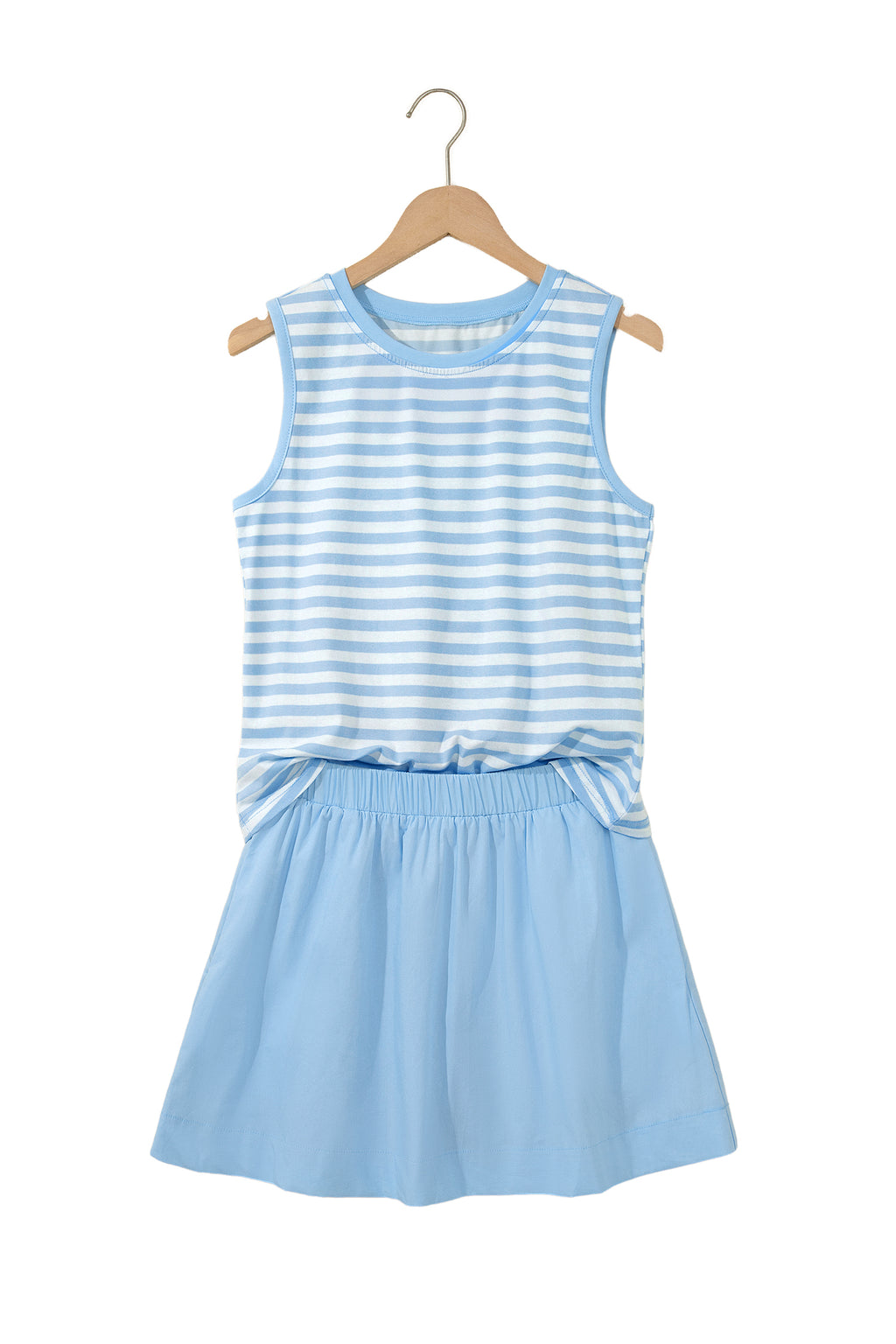 Sky Blue Stripe Slim Tank Contrast Ruffle Mini Skirt Set