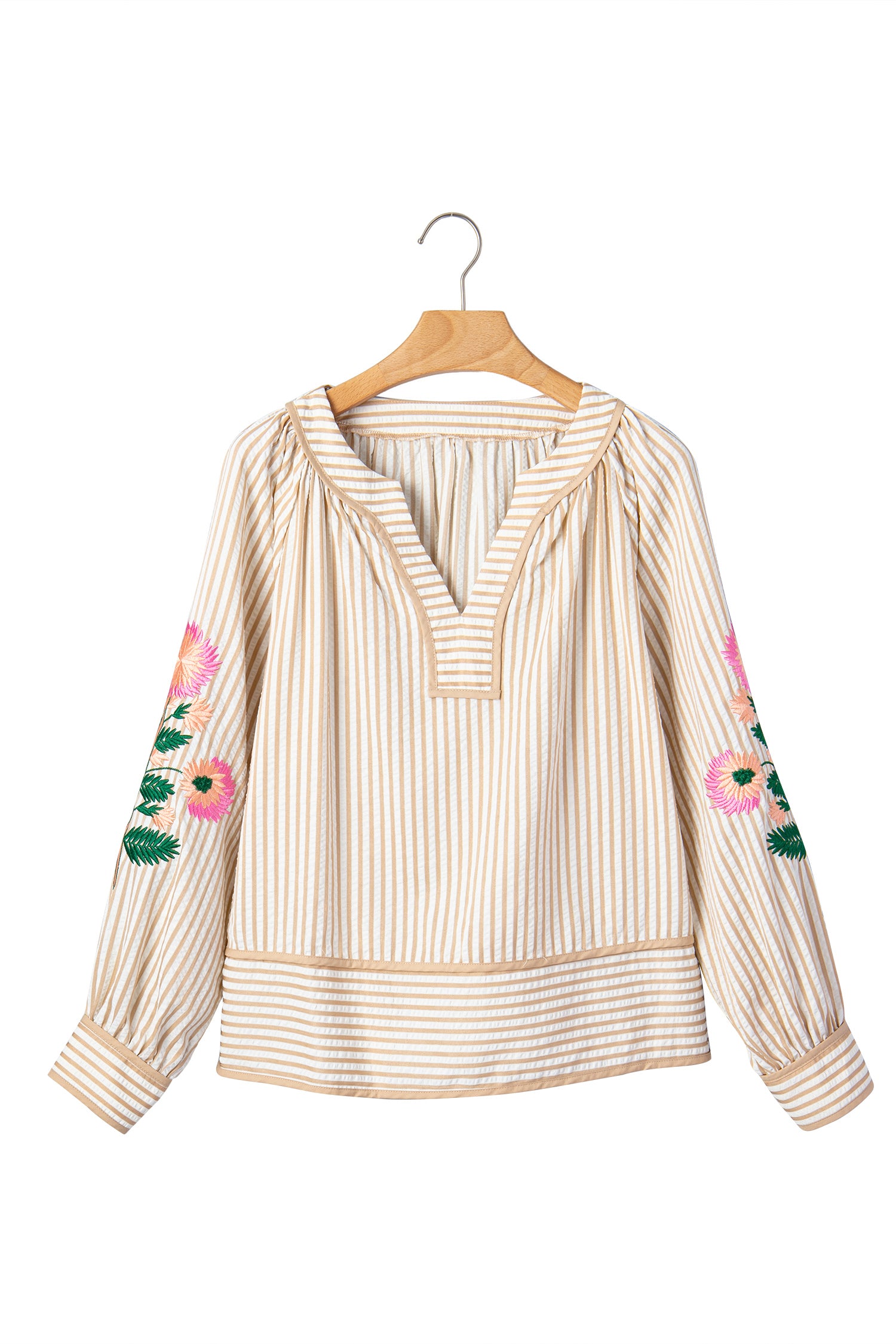 Khaki Stripe V Neck Floral Embroidered Long Sleeve Blouse