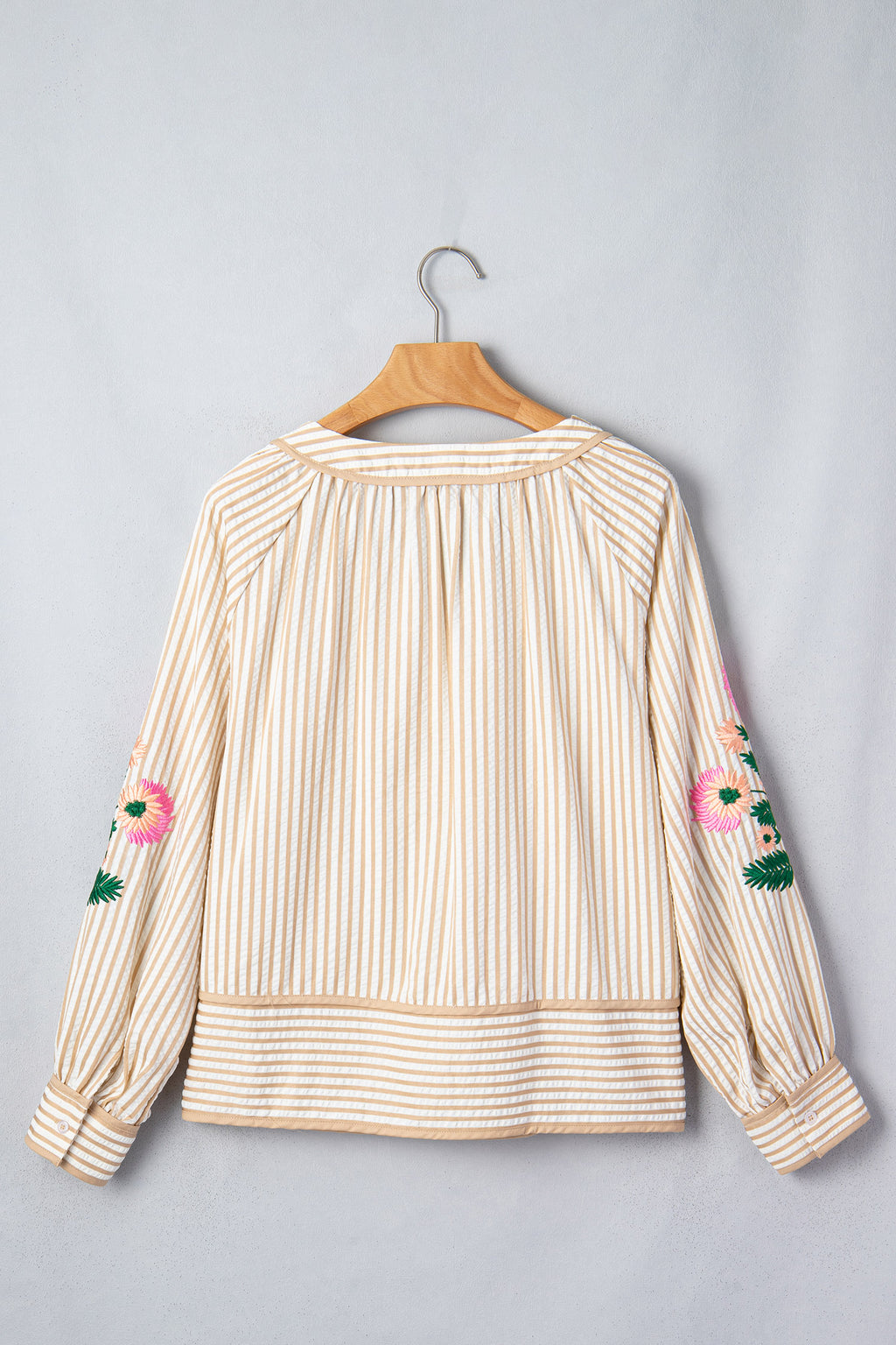 Khaki Stripe V Neck Floral Embroidered Long Sleeve Blouse