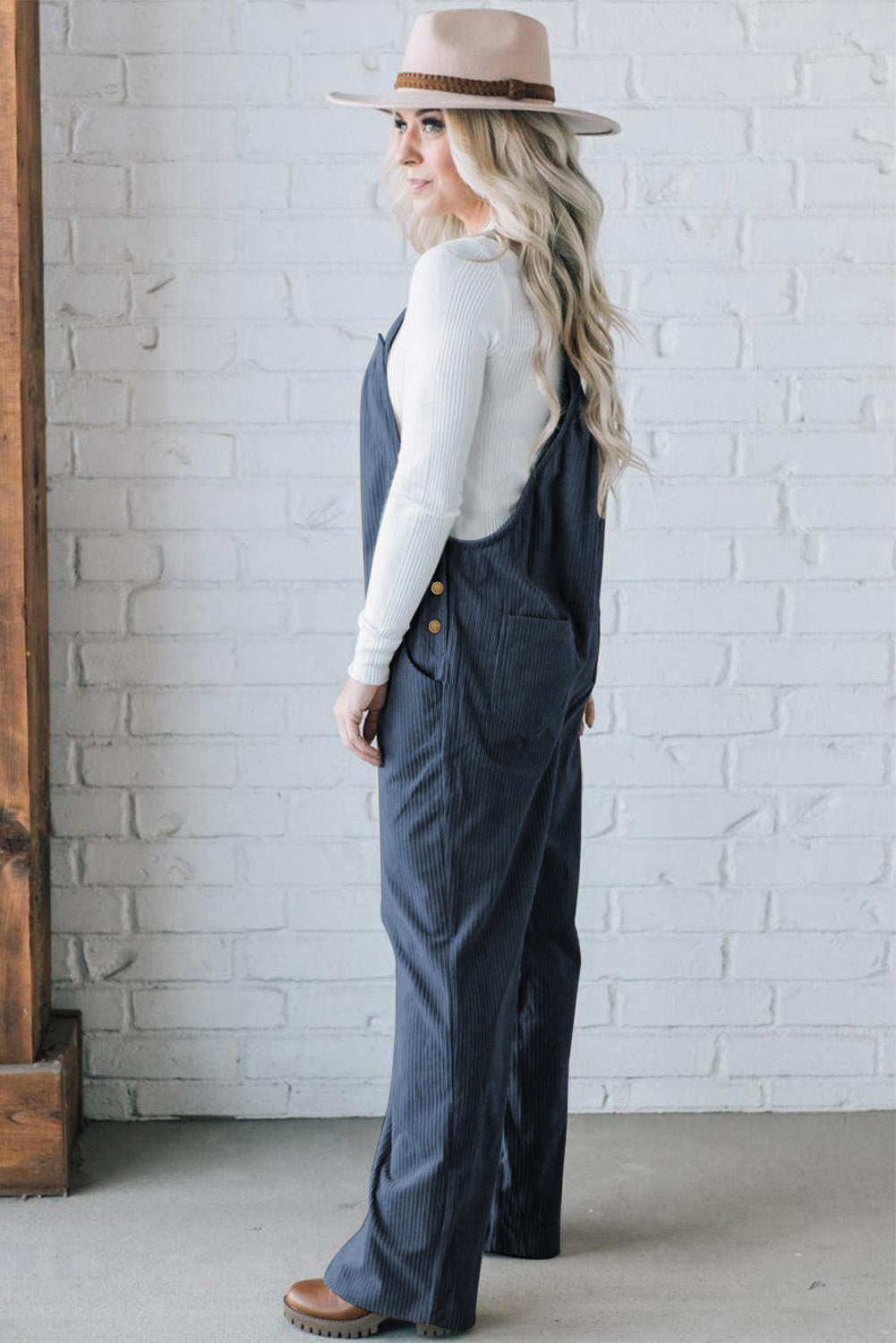 Real Teal Button Adjustable Straps Solid Color Corduroy Jumpsuit