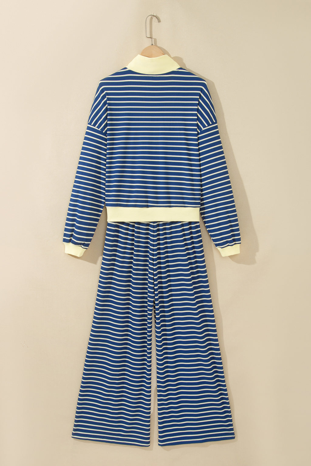Blue Stripe Color Block Patchwork Zip V Neck Pullover Loose Pants 2pcs Set
