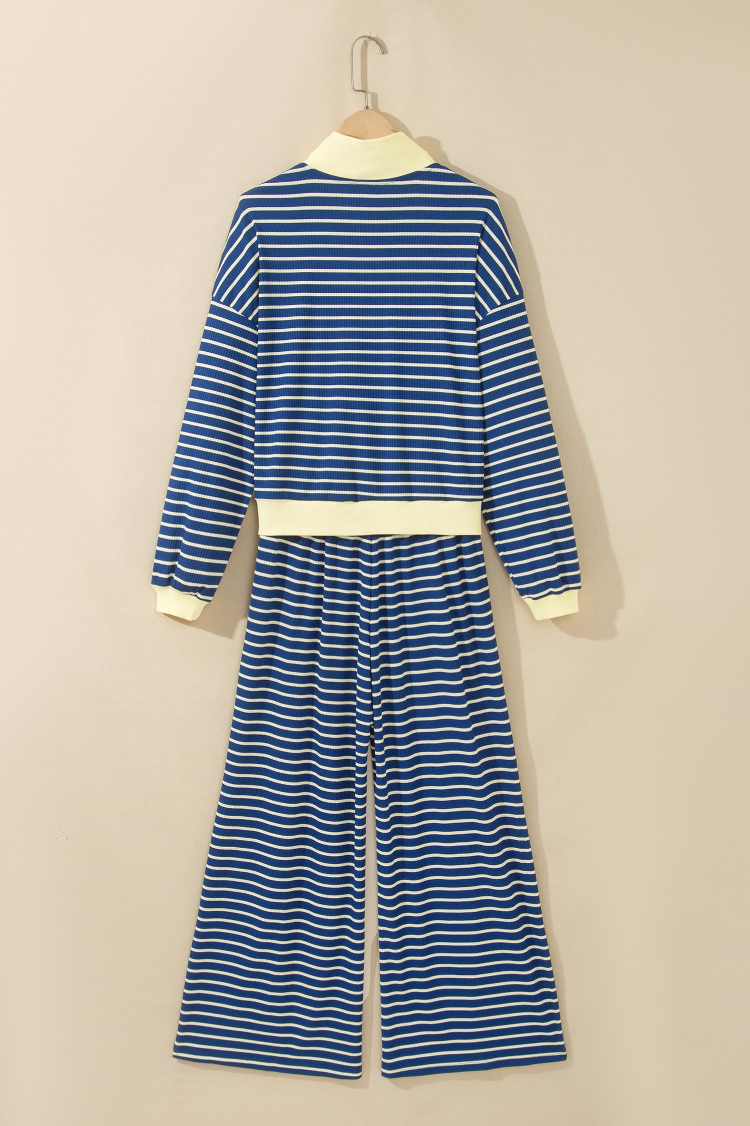 Blue Stripe Color Block Patchwork Zip V Neck Pullover Loose Pants 2pcs Set