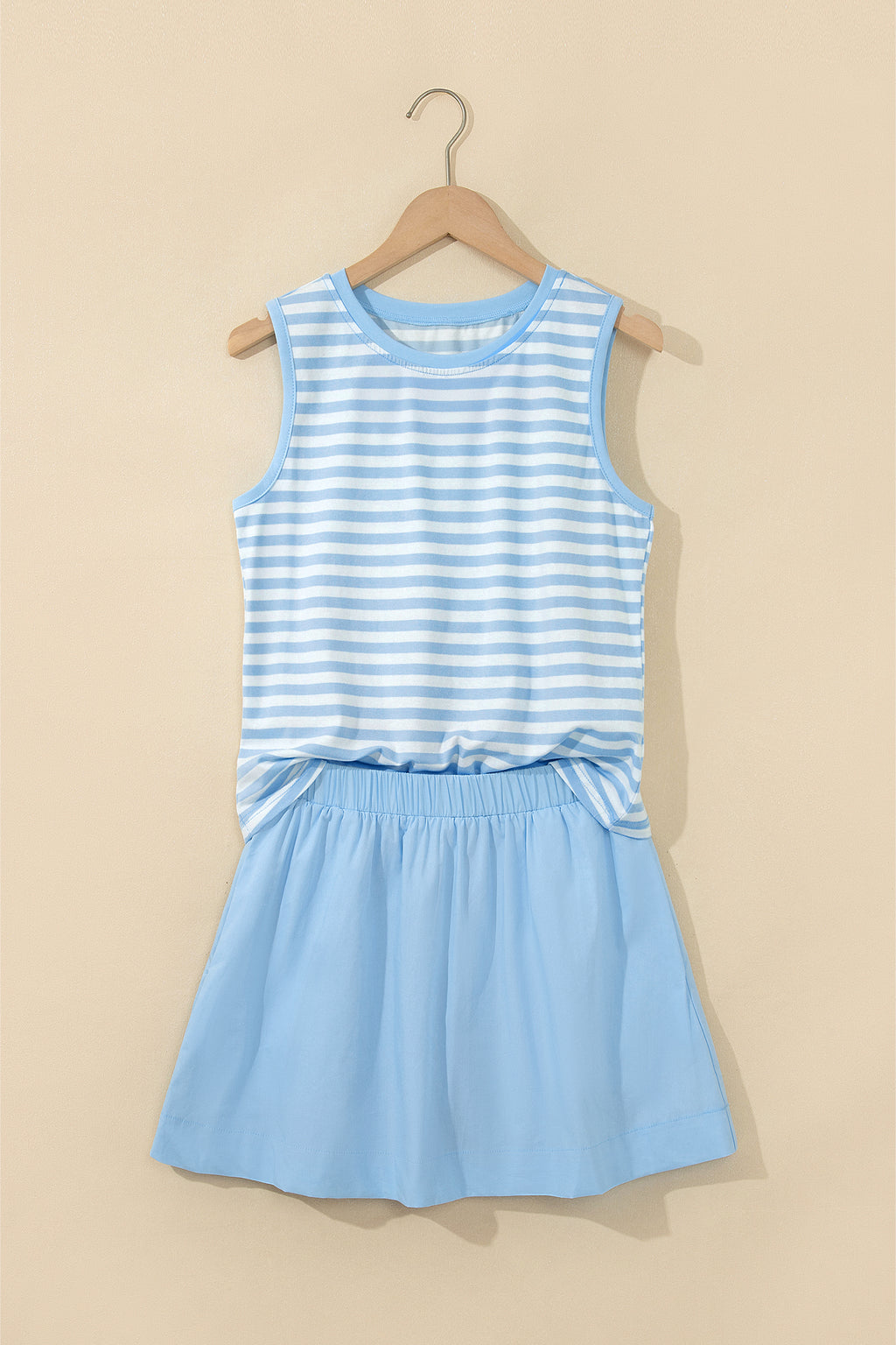 Sky Blue Stripe Slim Tank Contrast Ruffle Mini Skirt Set