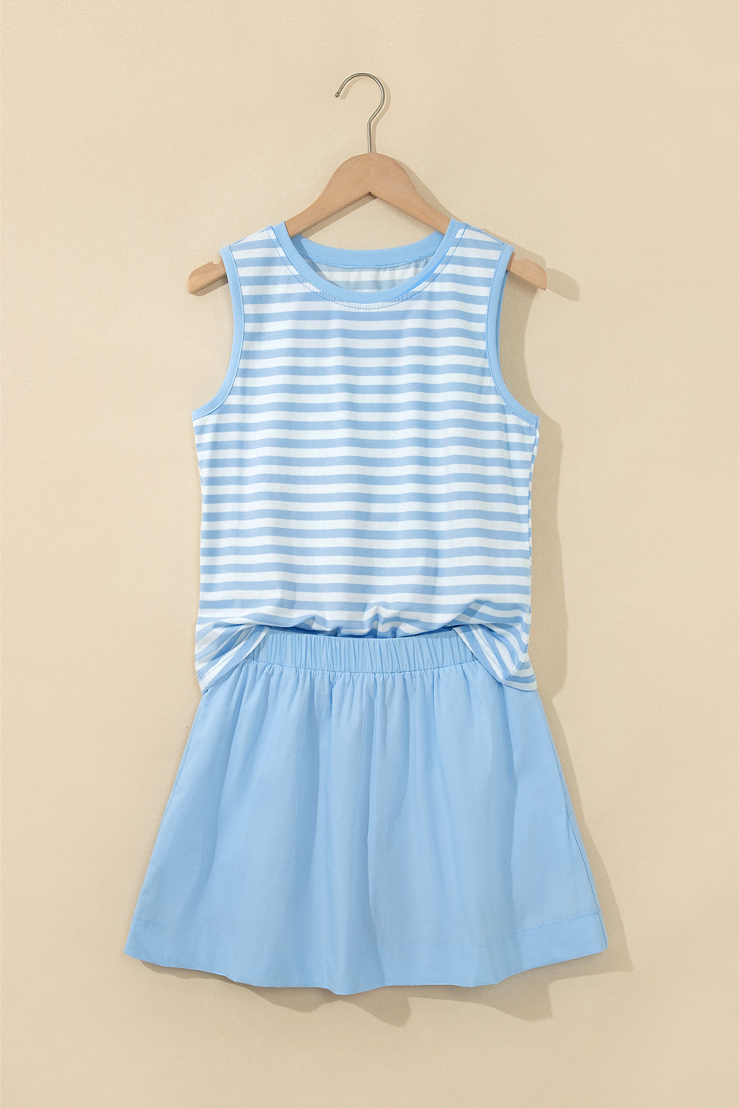 Sky Blue Stripe Slim Tank Contrast Ruffle Mini Skirt Set