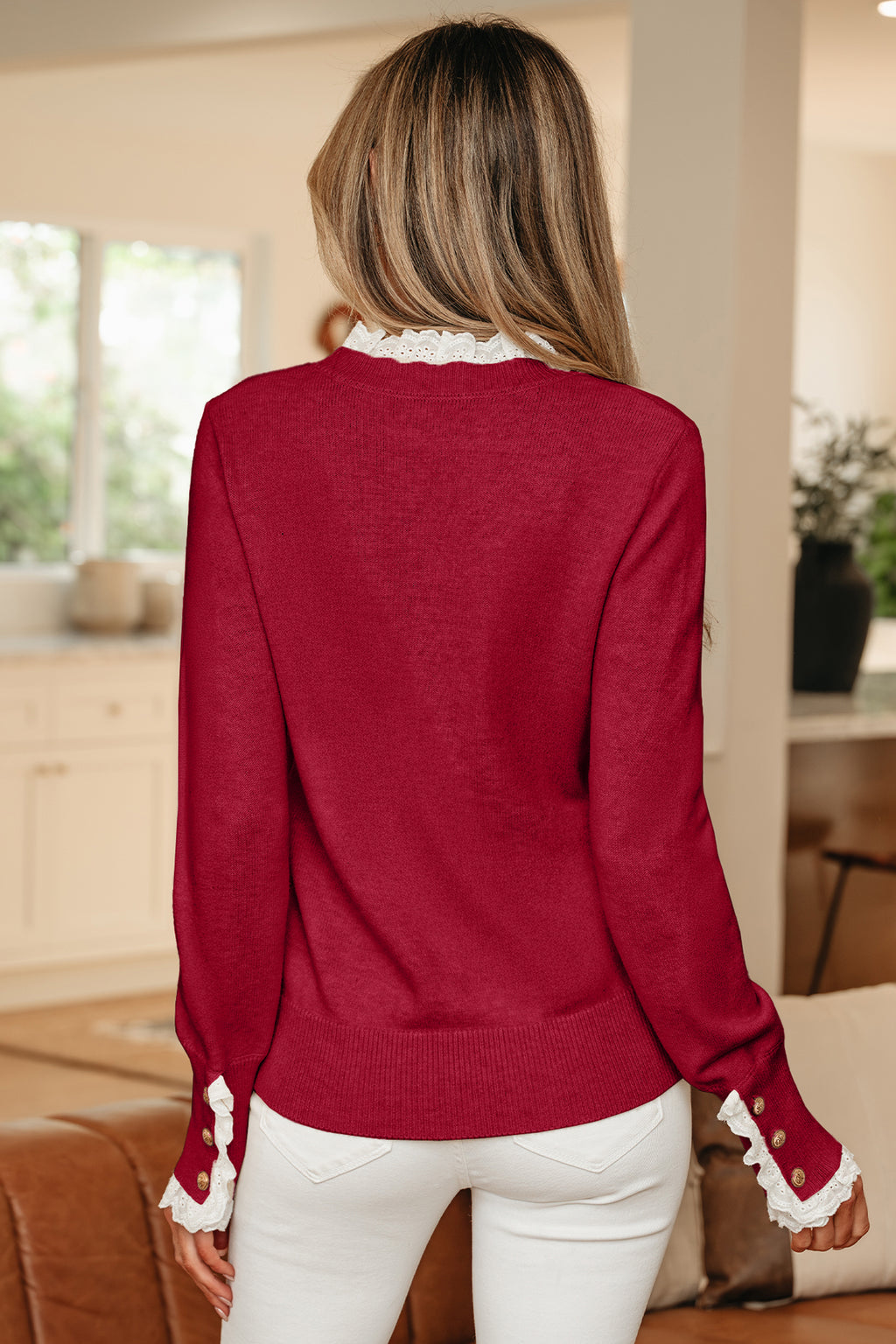 Jet Stream Lace Trim Patchwork Buttoned Cuffs Loose Sweater