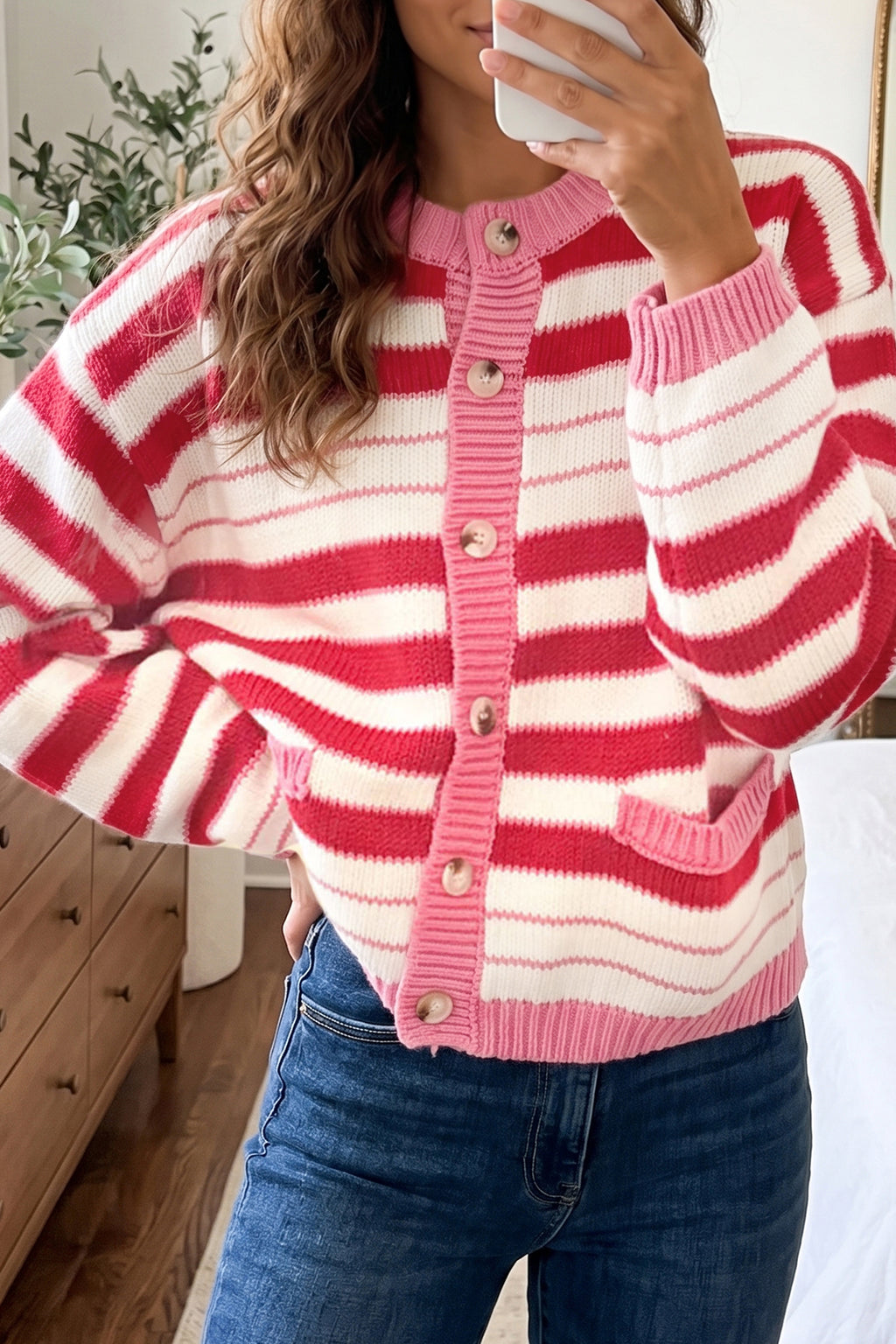 Red Stripe V Neck Long Sleeve Regular Fit Cardigan