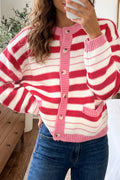 Red Stripe V Neck Long Sleeve Regular Fit Cardigan