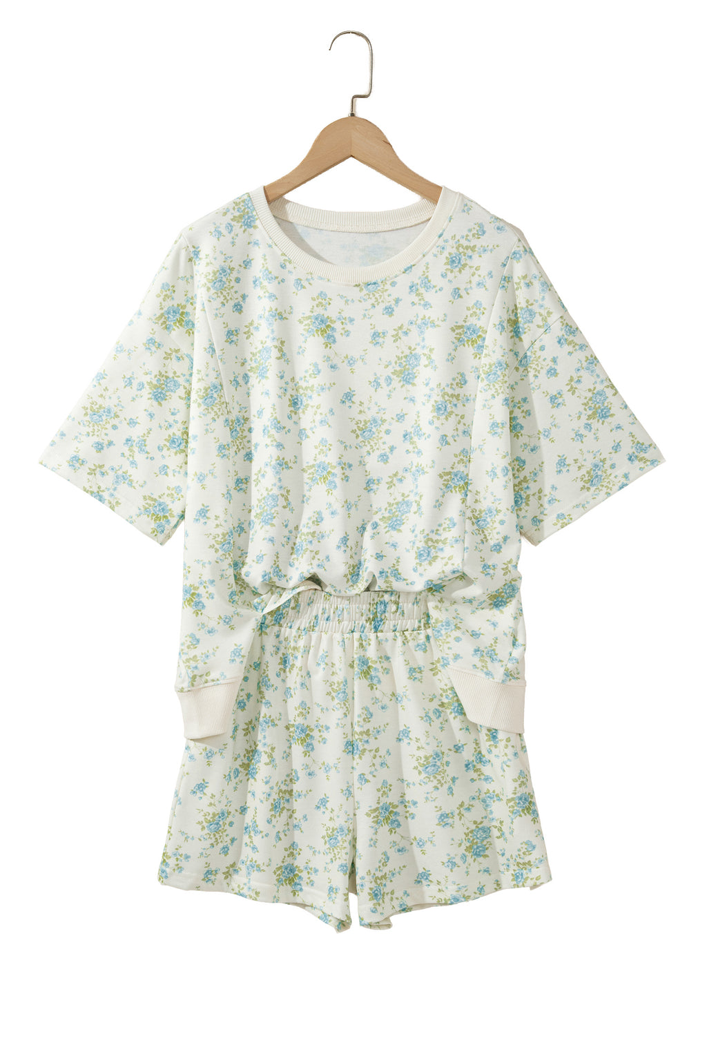 Pink Floral Print Short Sleeve Elastic Waist Pocket Casual Two Piece Short Sets
