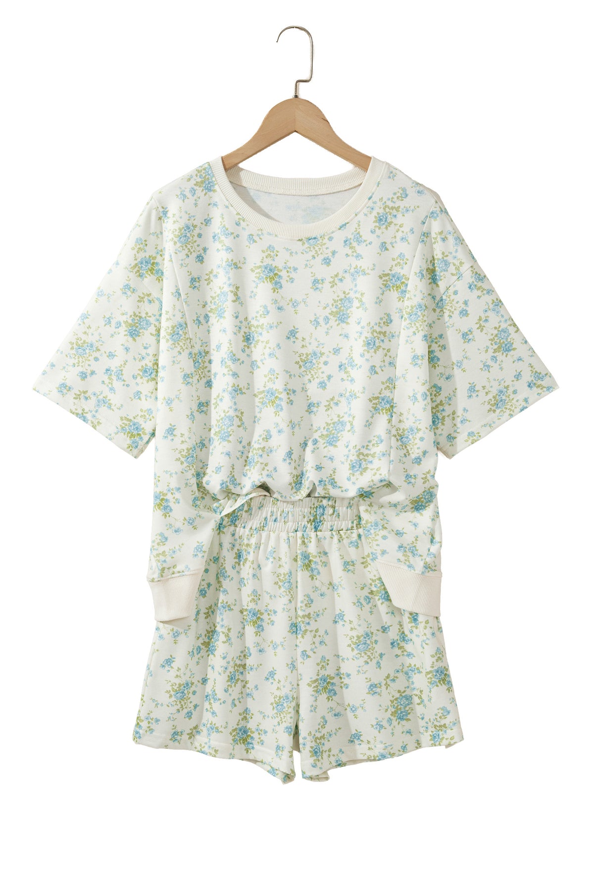 Pink Floral Print Short Sleeve Elastic Waist Pocket Casual Two Piece Short Sets