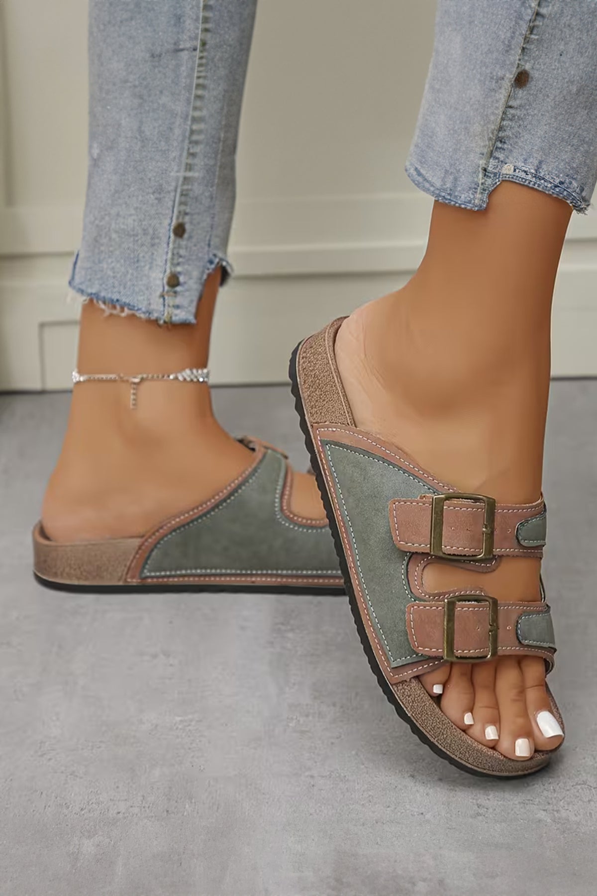 Dusk Blue Embroidered Trim Retro Buckle Faux Suede Slippers