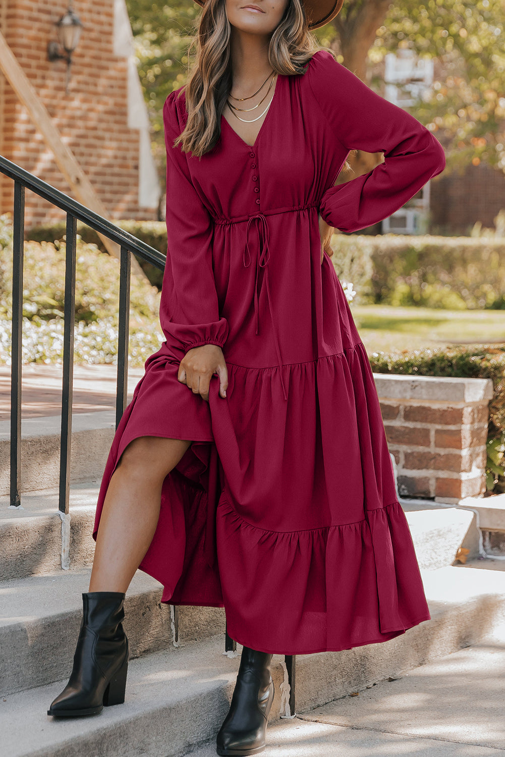 Chestnut Solid Long Sleeve Button V Neck Tiered Maxi Dress