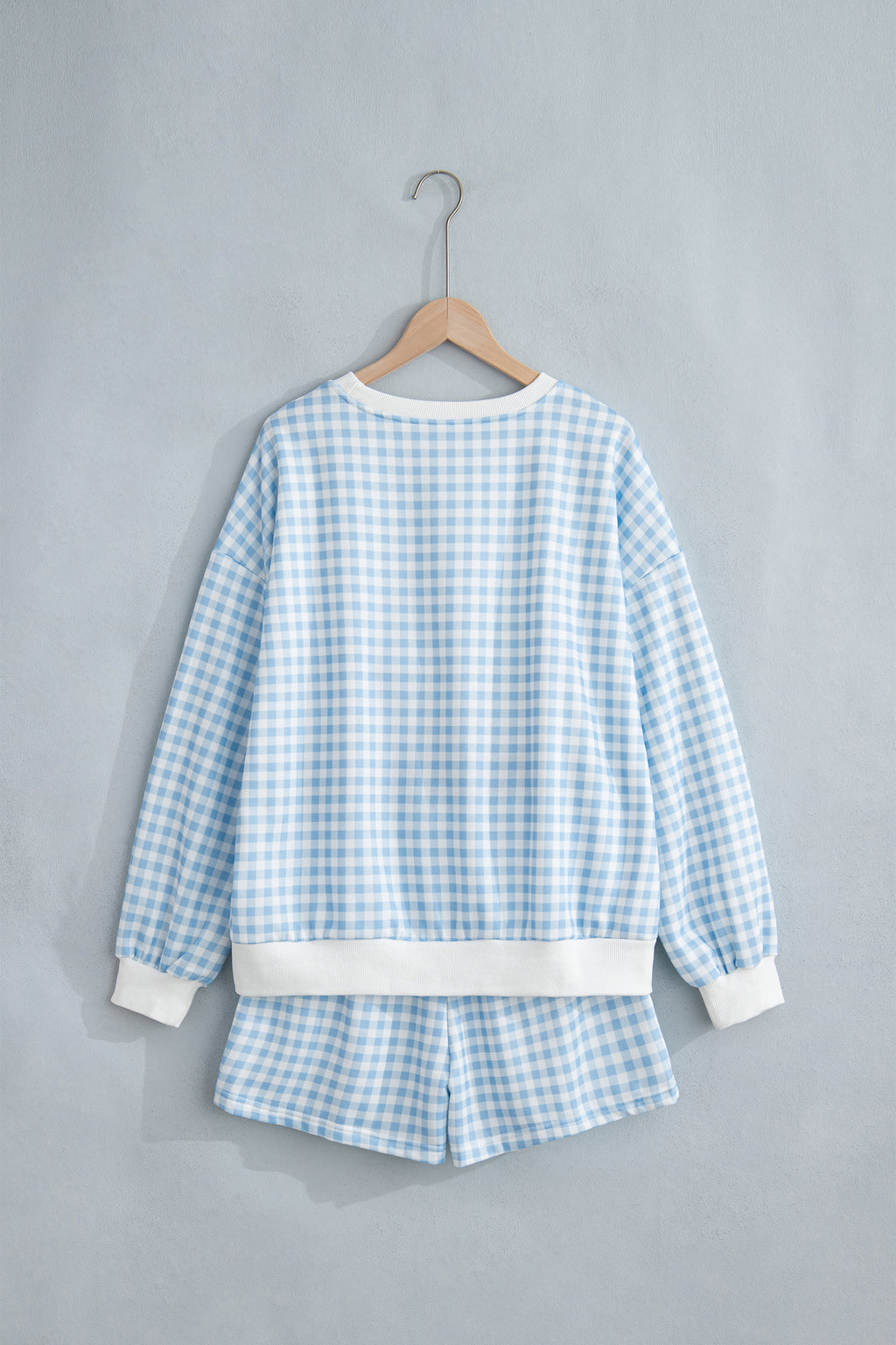Sky Blue Plaid Baggy Pullover Drawstring Casual Shorts 2pcs Outfit