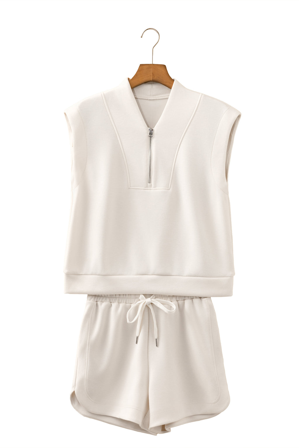 Oatmeal Quarter Zip Sleeveless Top Drawstring Shorts Casual 2pcs Outfit