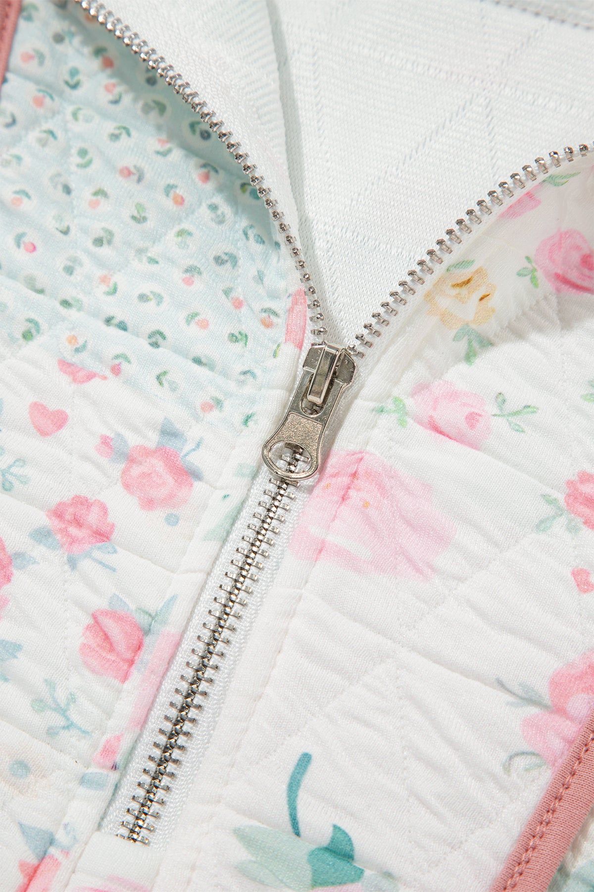 Multicolour Floral Quilted Metal Zipper Collar Long Sleeve Sweatshirt