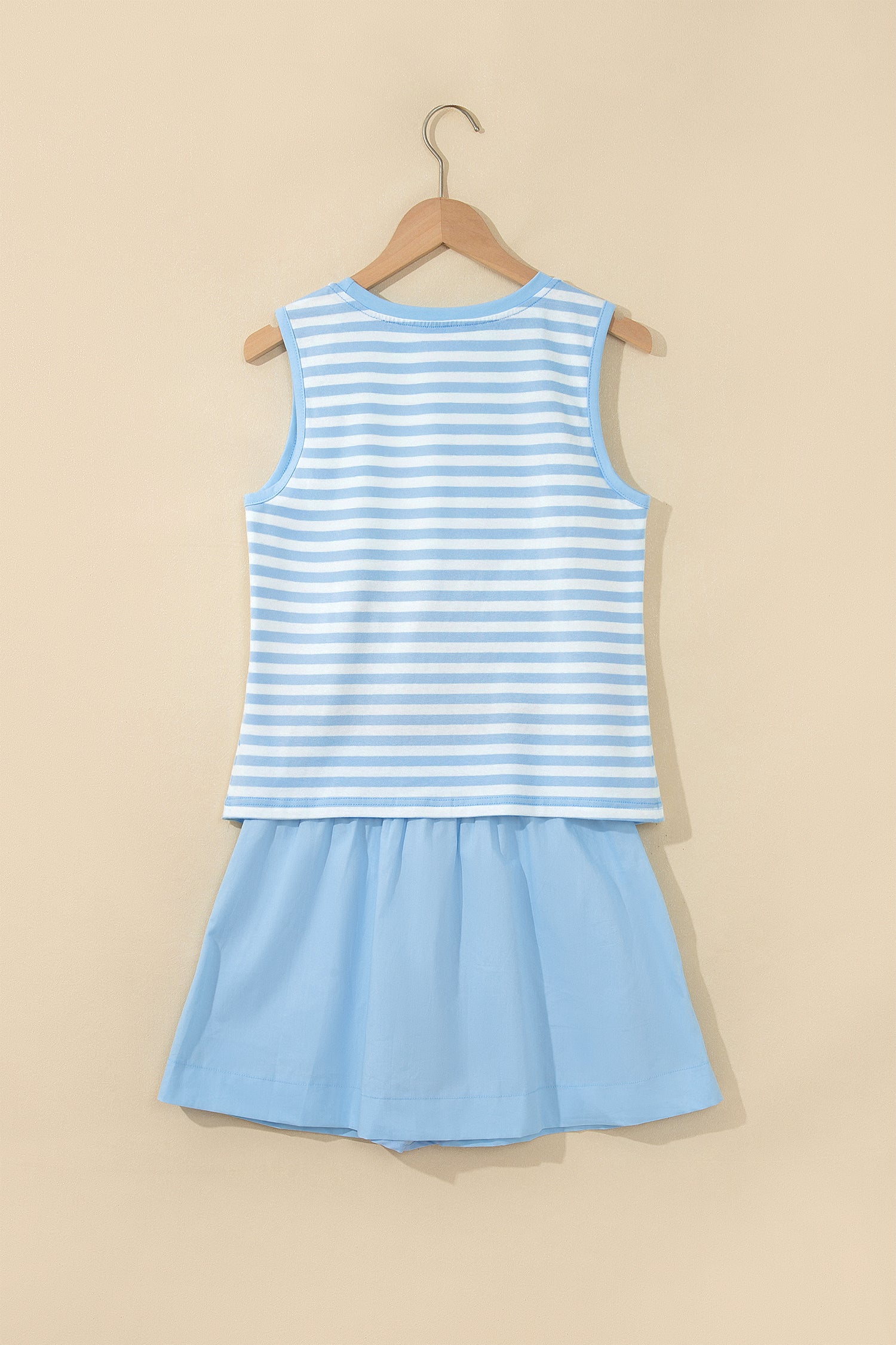 Sky Blue Stripe Slim Tank Contrast Ruffle Mini Skirt Set