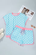 Sky Blue Polka Dot Print Color Block Trim Plus Size 2pcs Short Set