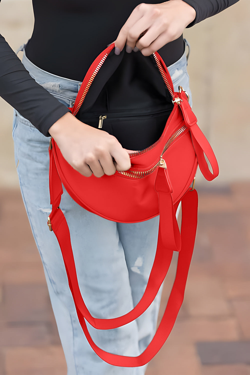 Dark Grey Double Zip Crescent Shape Adjustable Sling Bag