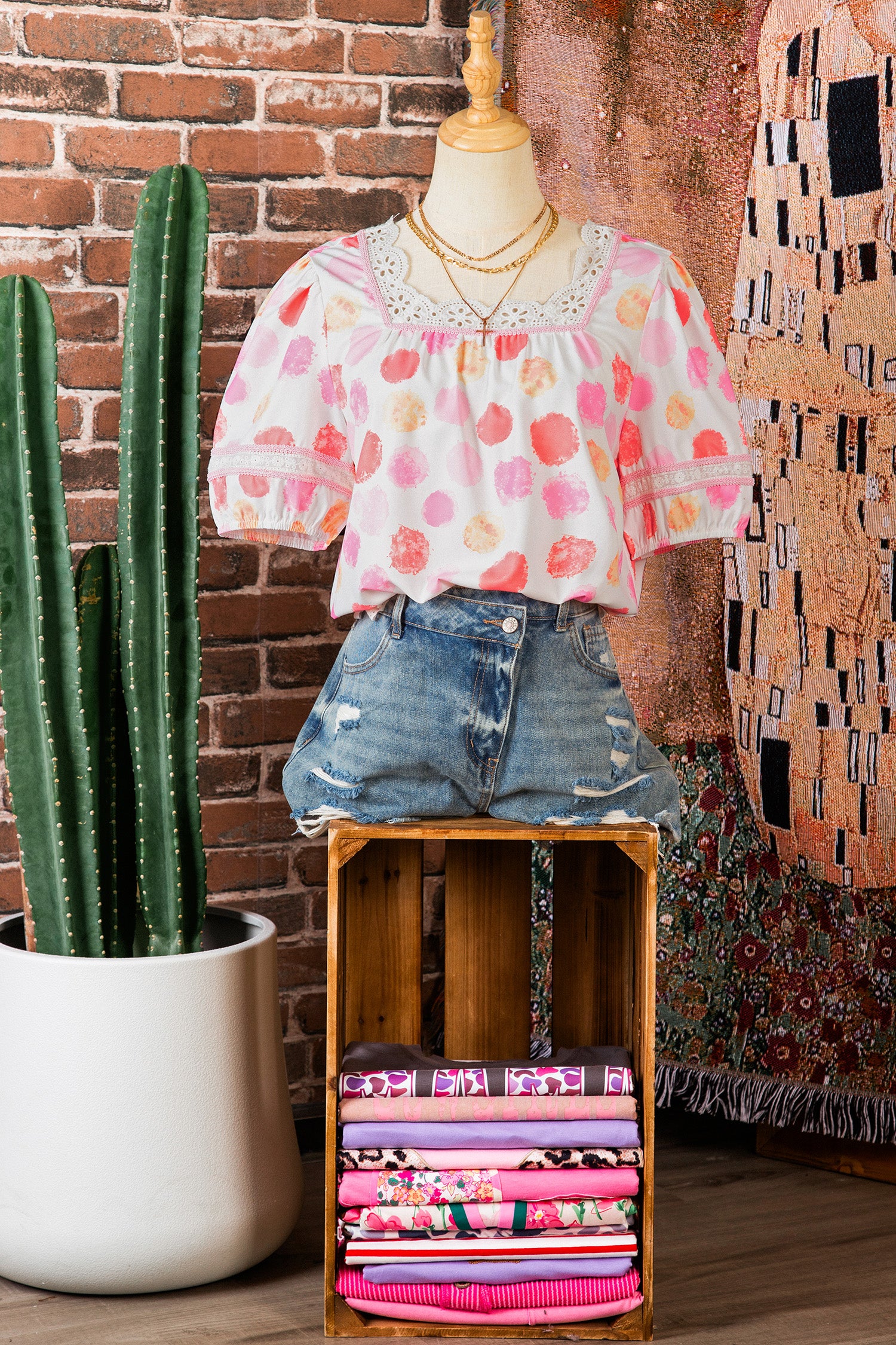 Pink Polka Dot Lace Trim Square Neck Puff Sleeve Blouse