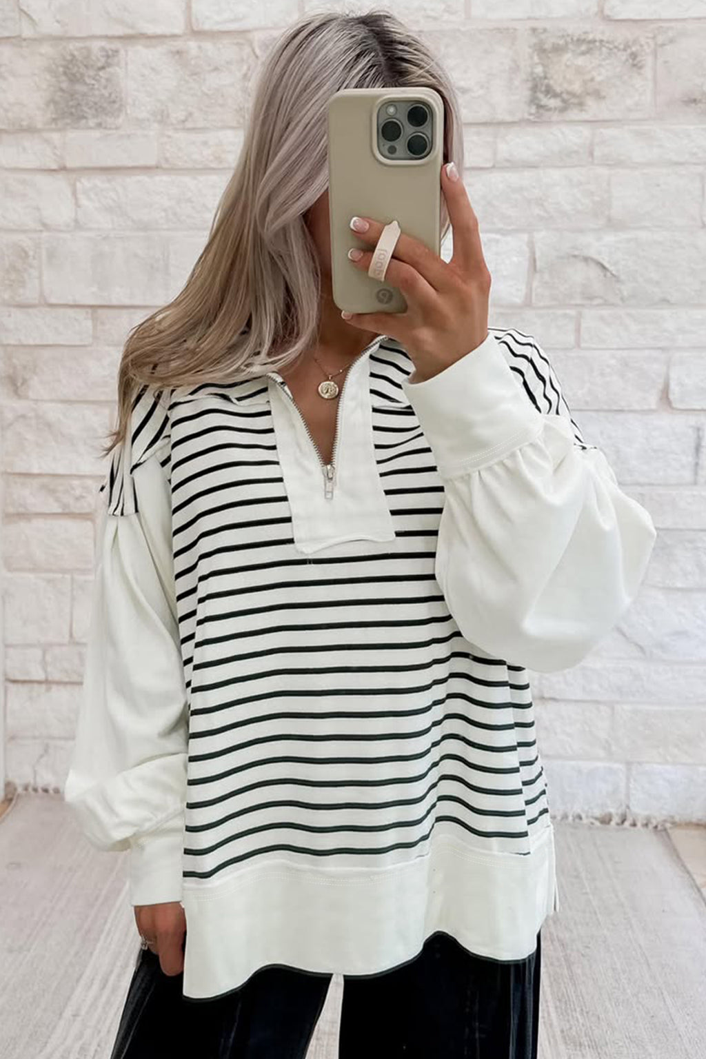 White Stripe Color Block Long Puff Sleeve Metal Zip-Up Collar Top